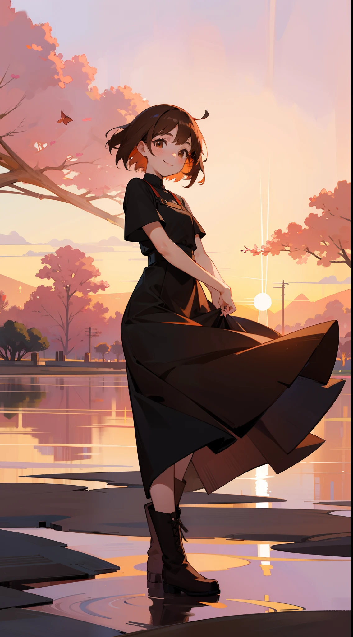 Best quality, high quality, 8k, 1girl, smiling, short brown hair, long black dress, brown eyes, boots, sakura gardem, sunset, warm
