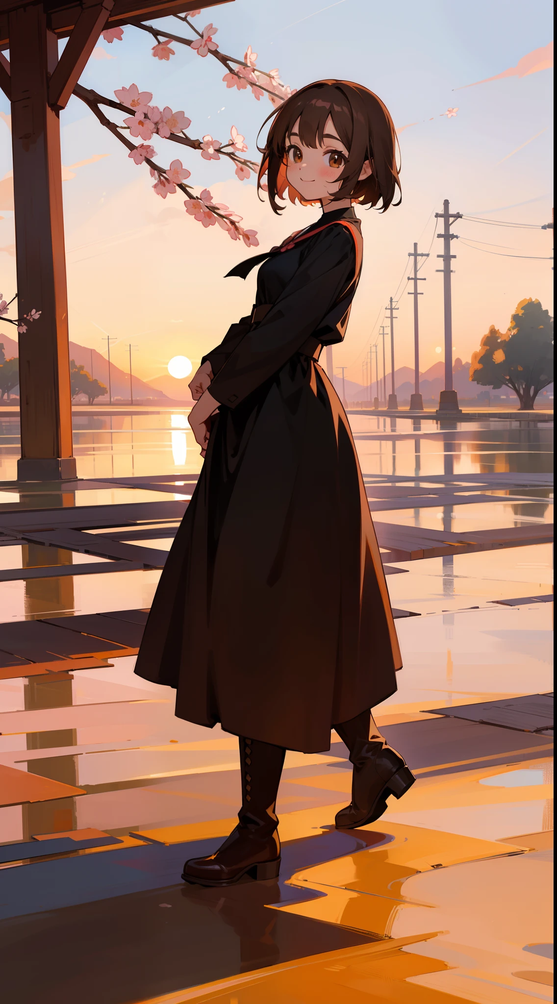 Best quality, high quality, 8k, 1girl, smiling, short brown hair, long black dress, brown eyes, boots, sakura gardem, sunset, warm