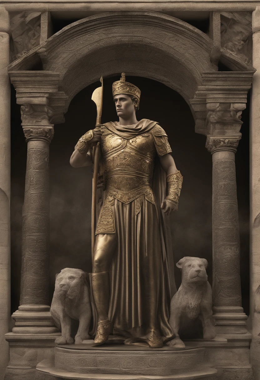 Artistic montage of full-body silhouettes of famous historical figures such as Julius Caesar, napoleon, Cleopatra and Mark Antony. they are standing, lado a lado, in front of a starry night sky, with crescent moon and visible nebulae. Caesar wears Roman armor and red robe. Napoleon wears his traditional coat and bicorn hat. Cleopatra wears ornate Egyptian dress and Mark Antony golden armor. All the figures look contemplatively at the sky. Fundo preto com destaque para os contornos das silhuetas. mystic atmosphere