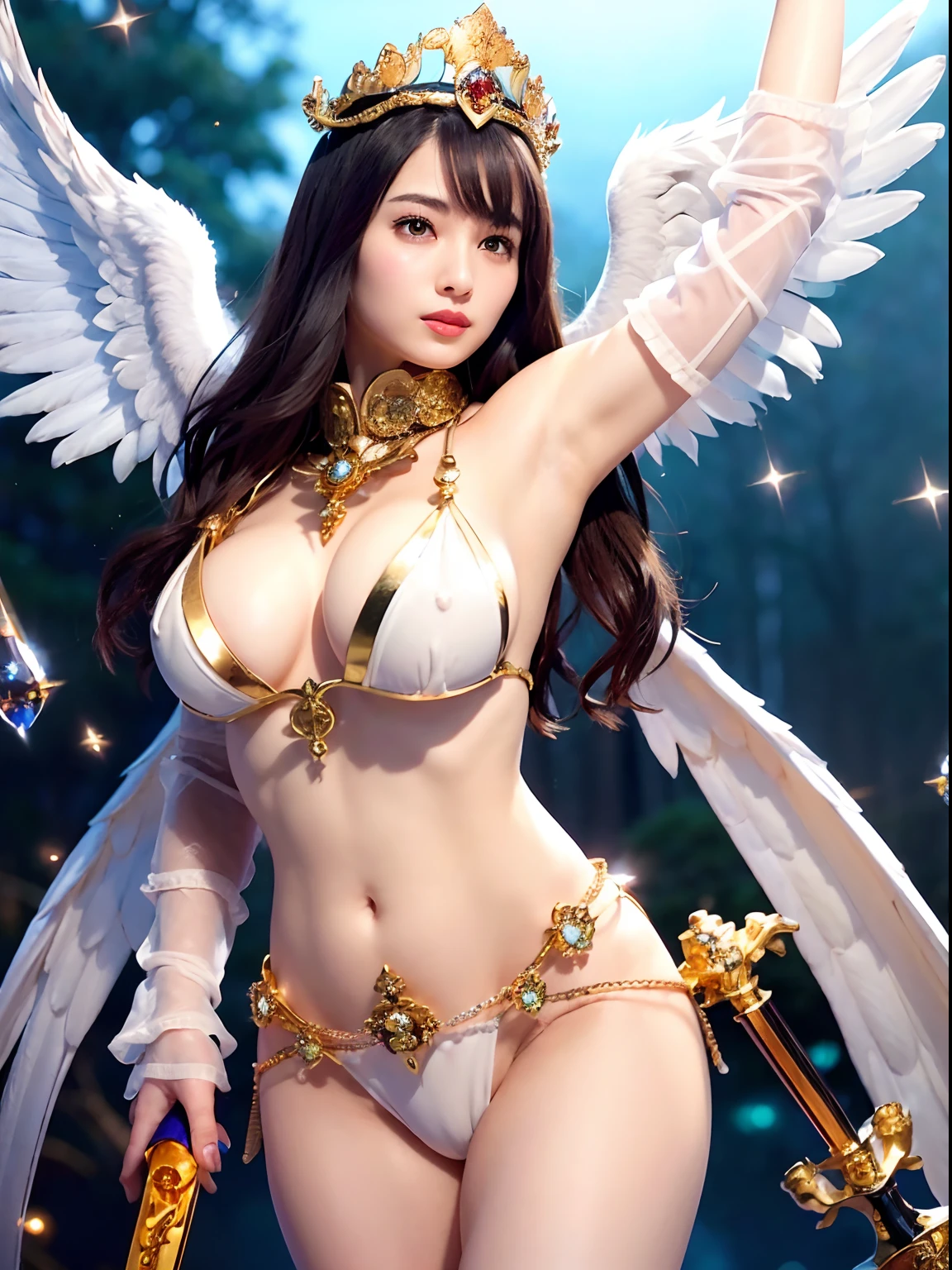(Wearing a white micro bikini)、Professional , masterpiece、top-quality、photos realistic , depth of fields 、(A dark-haired) 、Glamorous body、(Gemstone White Metal Body:4.9),(Matte White、(Colossal tits)Particles of light、、The ultimate beauty face in a micro bikini、(Angel wings grow)、Pose Seductive、Jewel Gold Weapon(Jewel Metal Body:1.4),Gorgeous metal weapons ,(( Detailed and gorgeous sword of the brave)) ,Mystical expression、Light Effects、intense fighting、Wind-effect、 (A dark-haired) ,Wearing micro-bikini ,Detail and ornate jewel crown、((Micro Bikini Armor))、((Gangle's forest background))、Beautiful Caucasian beauty、1a person、dynamic ungle,(((Detailed and ornate diamond crown)))、Smaller head、A smile、Background inside the castle、Thin and beautiful female hands、Mystical expression、Light Effects、intense fighting、With the legendary magic wand、、Toostock、Anatomically correct body、