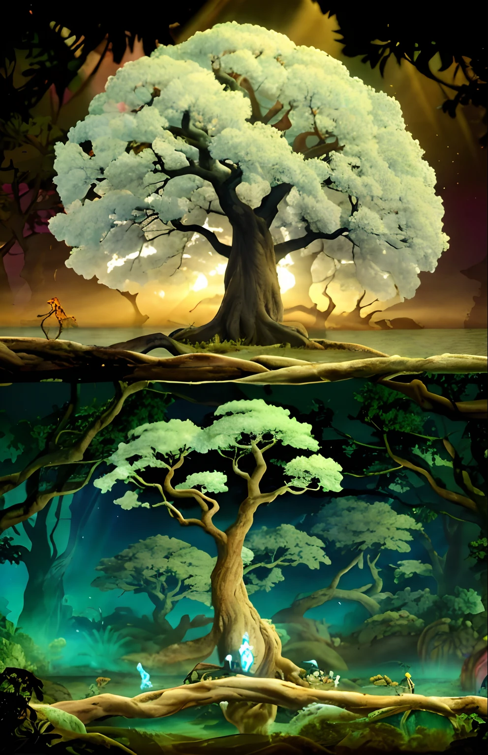 There is a large tree that is standing in the water, baobab tree, baobab tree, beautiful ancient trees, a tall tree, breath-taking beautiful trees, breath, impressionante, magia da natureza, - Removal of beautiful trees, cores vibrantes, with a tall tree, Beautiful tree, psychedelic colours, alto detalhes da folha, beleza surreal, ultra detalhada, huge ancient trees, a beautiful tree, ancient tree, trees growing on your body, Arquitetura arborescente, weird alien trees, Sobrenome