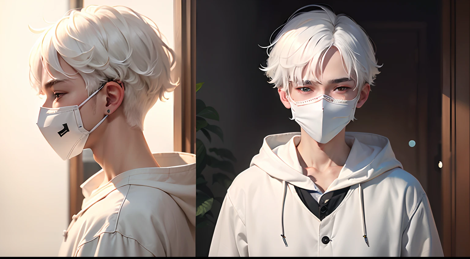 A white-haired boy with white clothes and a mask on his face