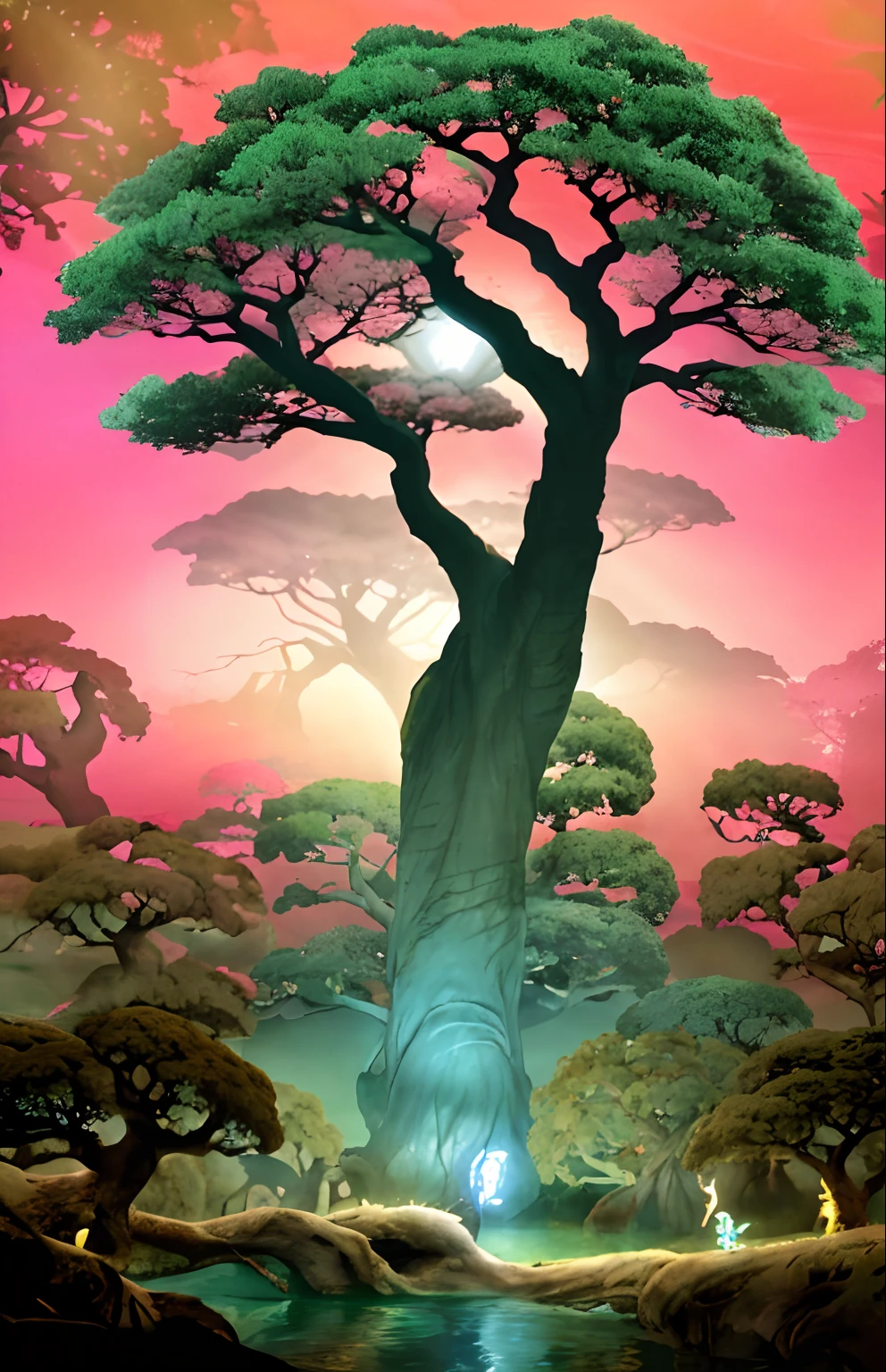There is a large tree that is standing in the water, baobab tree, baobab tree, beautiful ancient trees, a tall tree, breath-taking beautiful trees, breath, impressionante, magia da natureza, - Removal of beautiful trees, cores vibrantes, with a tall tree, Beautiful tree, psychedelic colours, alto detalhes da folha, beleza surreal, ultra detalhada, huge ancient trees, a beautiful tree, ancient tree, trees growing on your body, Arquitetura arborescente, weird alien trees, Sobrenome
