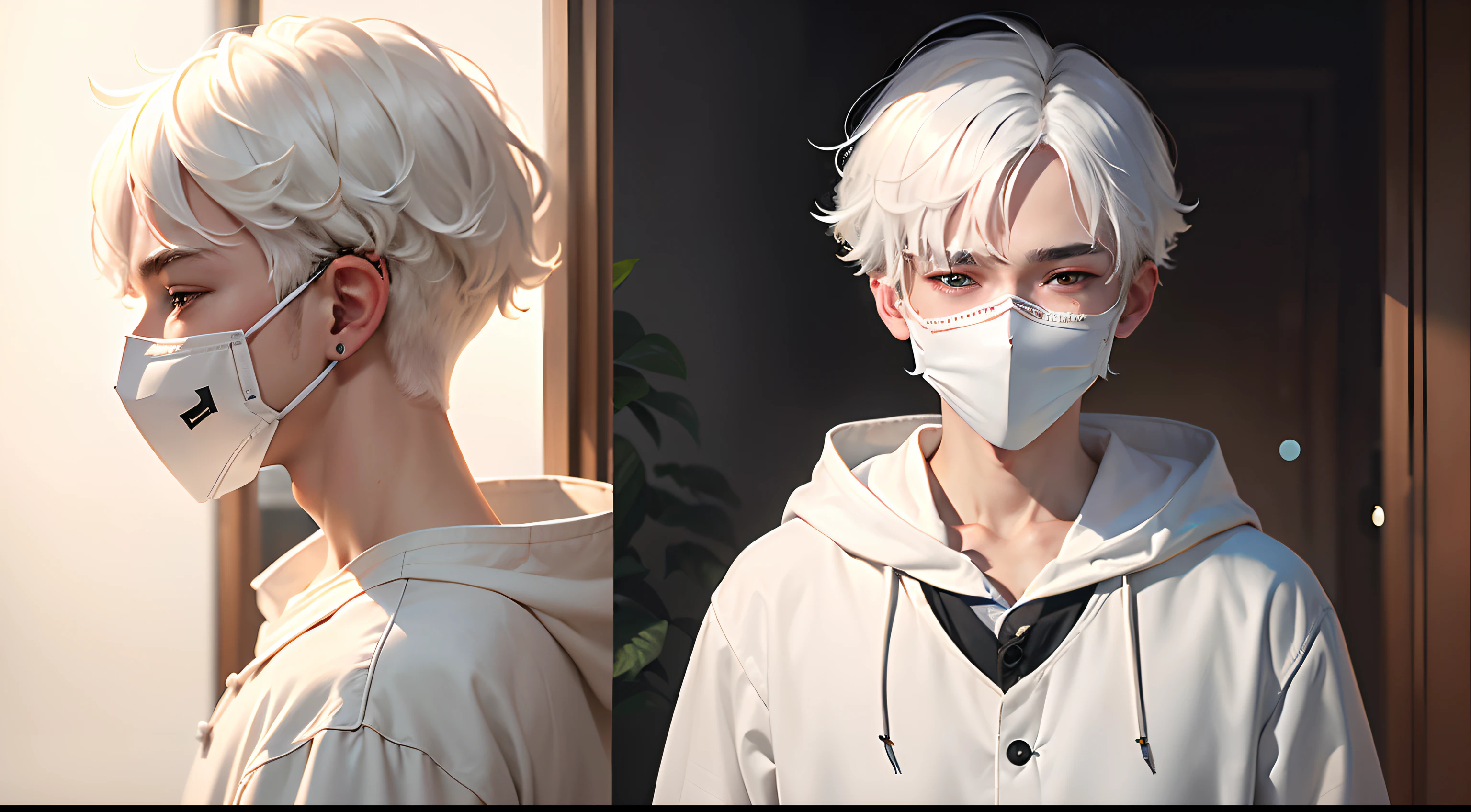 A white-haired boy with white clothes and a mask on his face