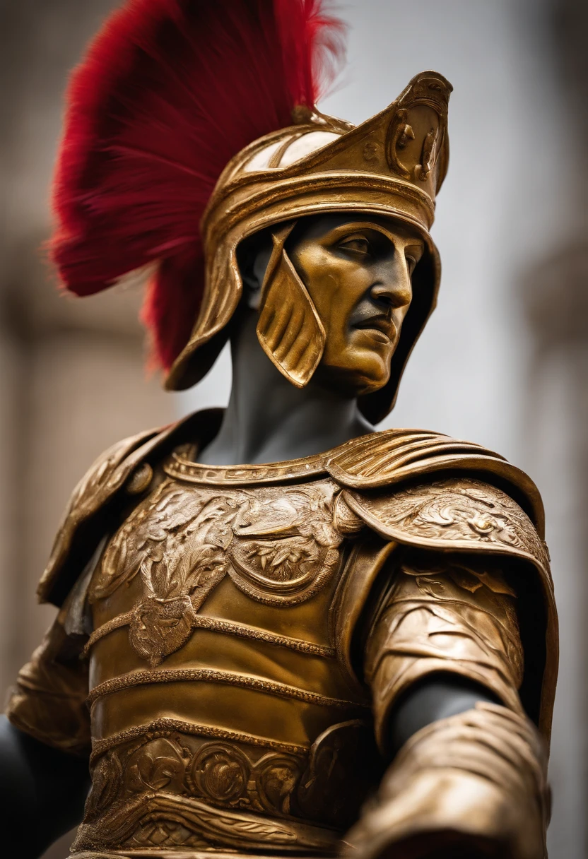Hyper-realistic close-up sculpture of an Ancient Greek warrior wearing gold and red armor adorned with mythological symbols. He has a sword in one hand resting on his shoulder and a helmet with a red feather in the other hand, olhando determinado para frente. The sculpture is made of white marble and is on a black base, com detalhes e texturas. Dramatic lighting in contrast, Classical statue style of Ancient Greece.