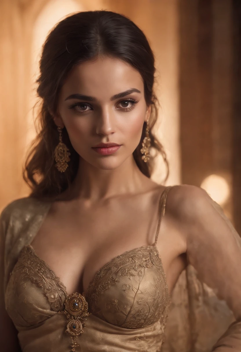 A slim Maghreb girl with an hourglass and ample silhouette, realistic breasts.