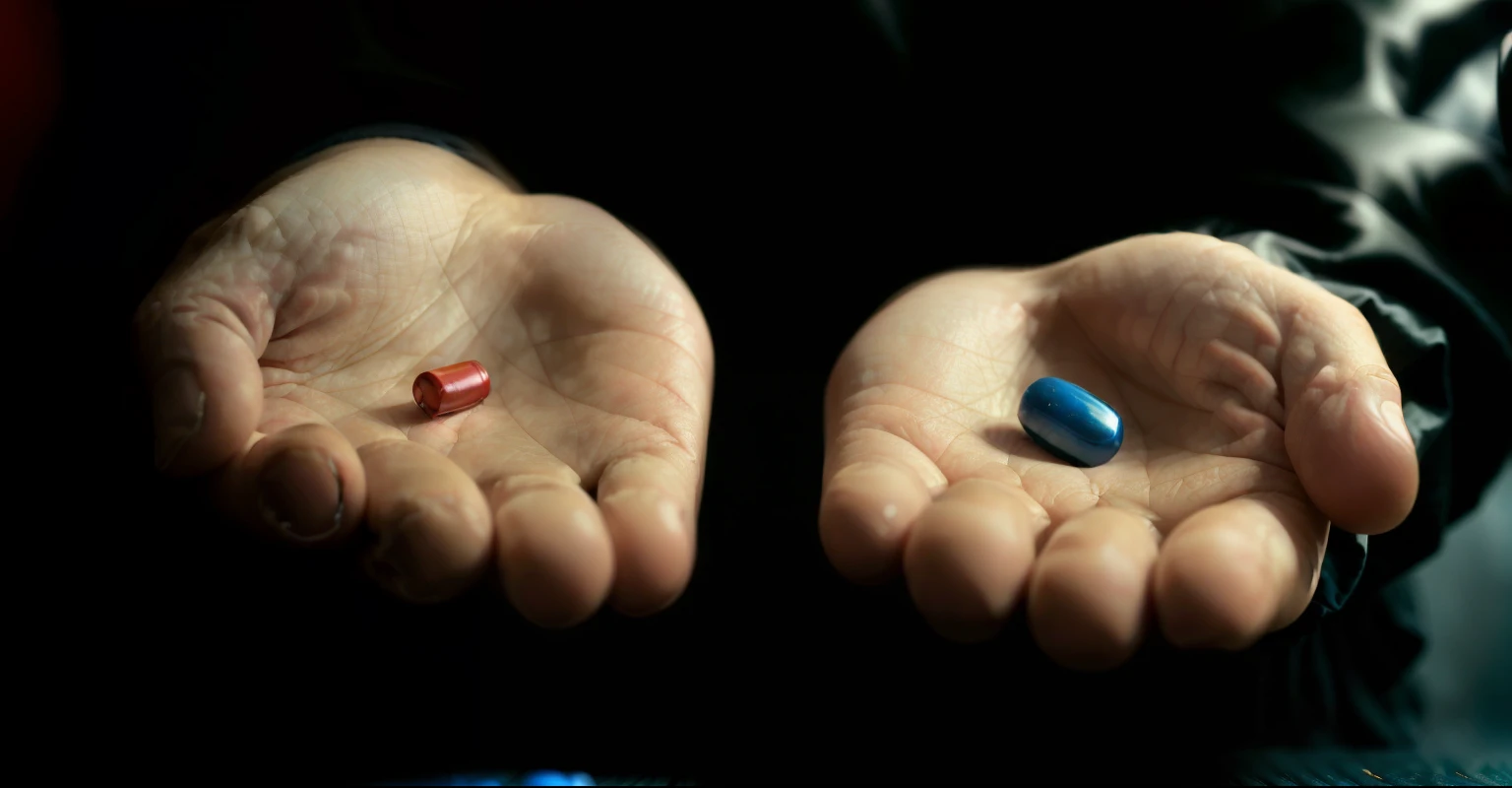 someone holding a red pill and a blue pill in their hands with a black background.