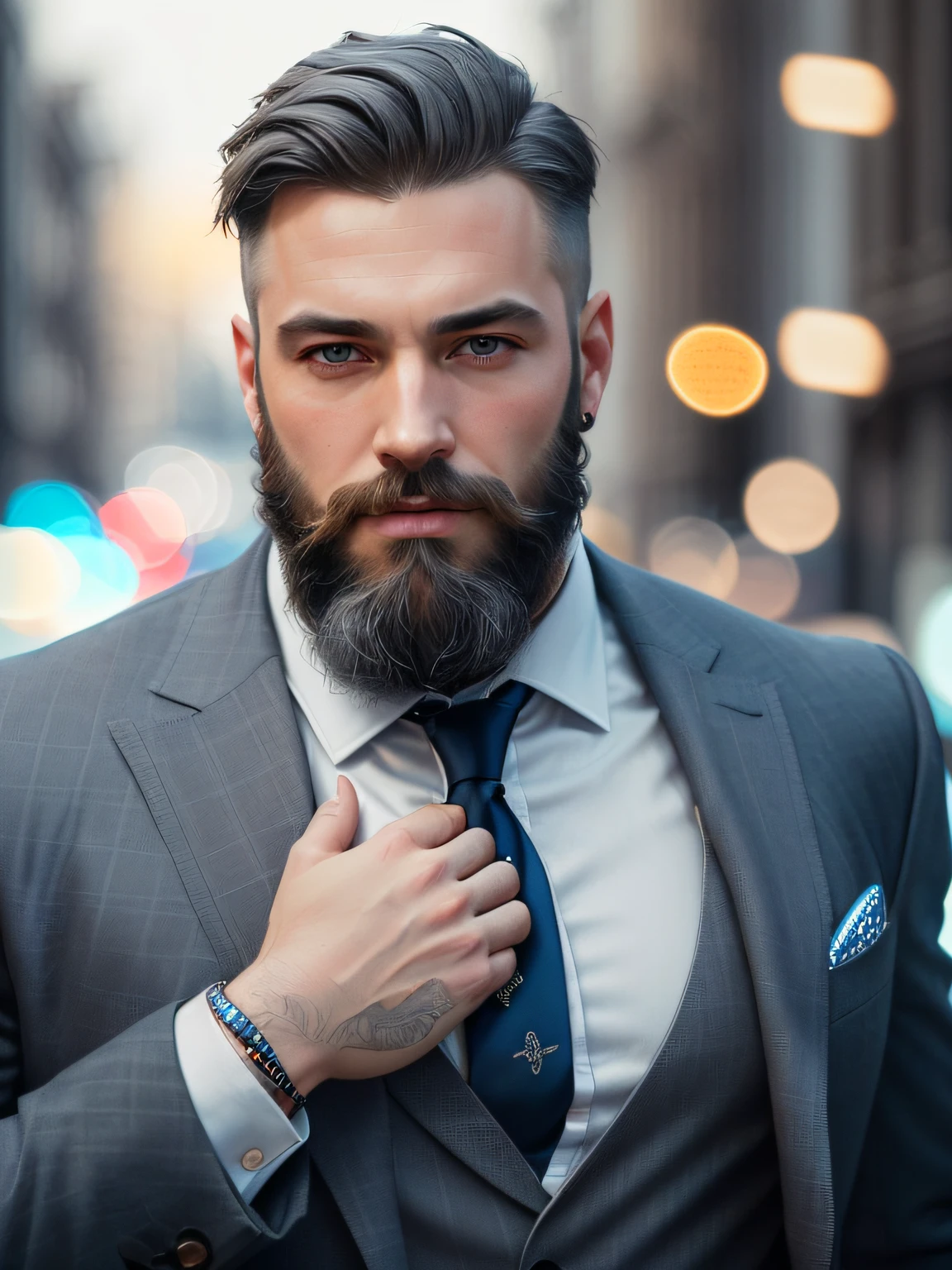 Portrait photo of muscular bearded guy in a suit, ((light bokeh)), intricate, (blue gray), elegant, sharp focus, photo by greg rutkowski, soft lighting, vibrant colors, masterpiece, ((streets)), detailed face