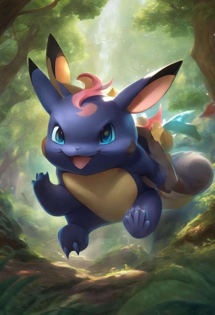 a beautiful detailed illustration of Pokemon characters, vibrant colors, highres, realistic:1.37, anime style art, studio lighting, Pikachu, Charizard, Bulbasaur, Squirtle, Jigglypuff, full of energy, battling in a lush green forest, magical atmosphere, intense action, lightning bolts, unique abilities, dynamic poses, flying and launching powerful attacks, lifelike details, intricate patterns on their skin, charismatic expressions, glowing eyes, epic battle scene, wisps of smoke, vibrant and saturated color palette, sharp focus, visible fur texture, shining scales, mystical aura, sense of movement and excitement, detailed foliage and trees, sparkling water, beautiful sunlit sky