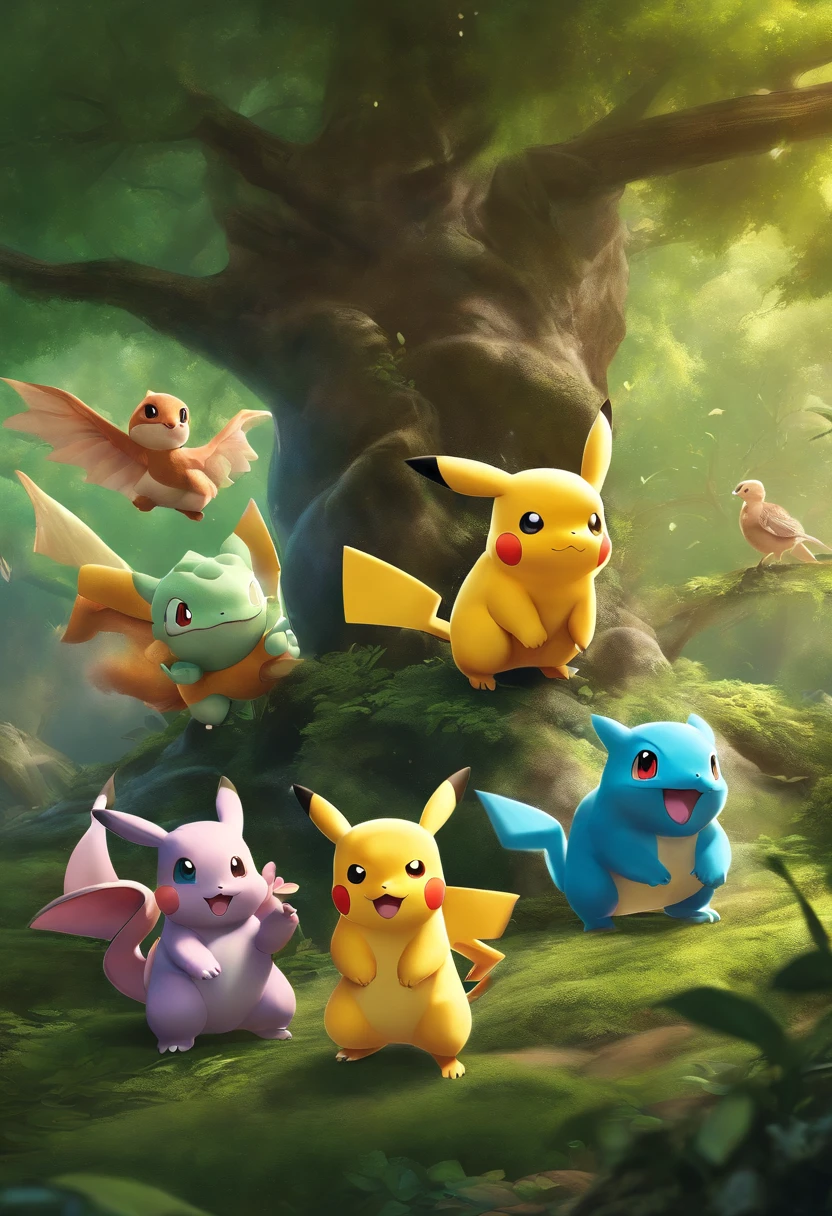 a beautiful detailed illustration of Pokemon characters, vibrant colors, highres, realistic:1.37, anime style art, studio lighting, Pikachu, Charizard, Bulbasaur, Squirtle, Jigglypuff, full of energy, battling in a lush green forest, magical atmosphere, intense action, lightning bolts, unique abilities, dynamic poses, flying and launching powerful attacks, lifelike details, intricate patterns on their skin, charismatic expressions, glowing eyes, epic battle scene, wisps of smoke, vibrant and saturated color palette, sharp focus, visible fur texture, shining scales, mystical aura, sense of movement and excitement, detailed foliage and trees, sparkling water, beautiful sunlit sky