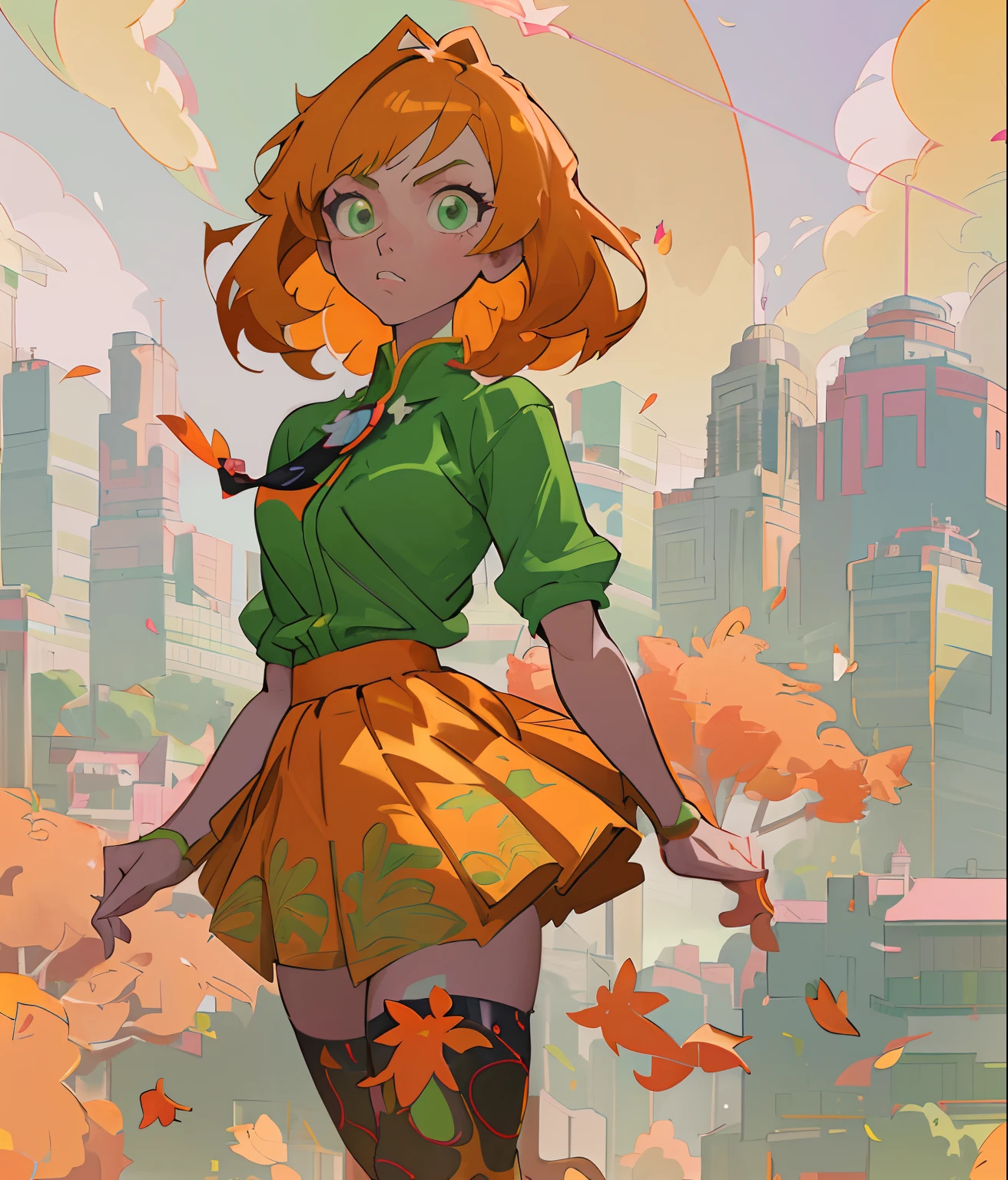a girl with a green shirt and orange skirt, fall, city background; ((Best quality))) masterpiece vector illustration; anime character in sharp focus; detailed and vibrant anime face; character design; beautiful and vibrant digital art, hyperdetailed; overexaggerated features; Dynamic Lighting; Volumetric Lighting in 8k, Ultra Sharp Focus; intricate Artwork Masterpiece