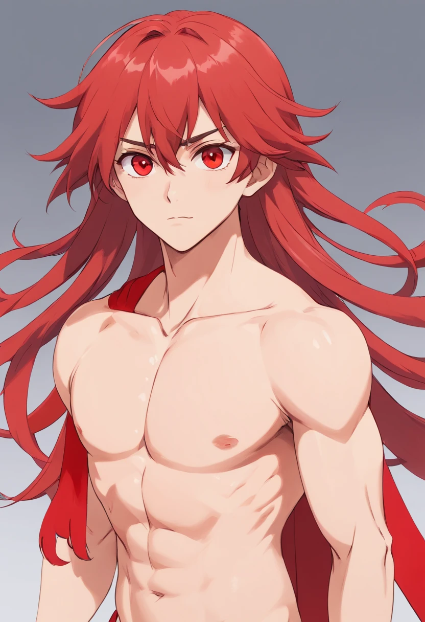 1boy, single, asian boy, reference sheet, character design, front angle, side angle, rear angle, dynamic poses, (masterpiece:1.2), (best quality:1.3), fantasy outfit, muscle body, athletic body. (Red eyes), (long hair), (long bangs), (red hair), (pale skin), (reference sheet:1.5), full body, muscle perfect body