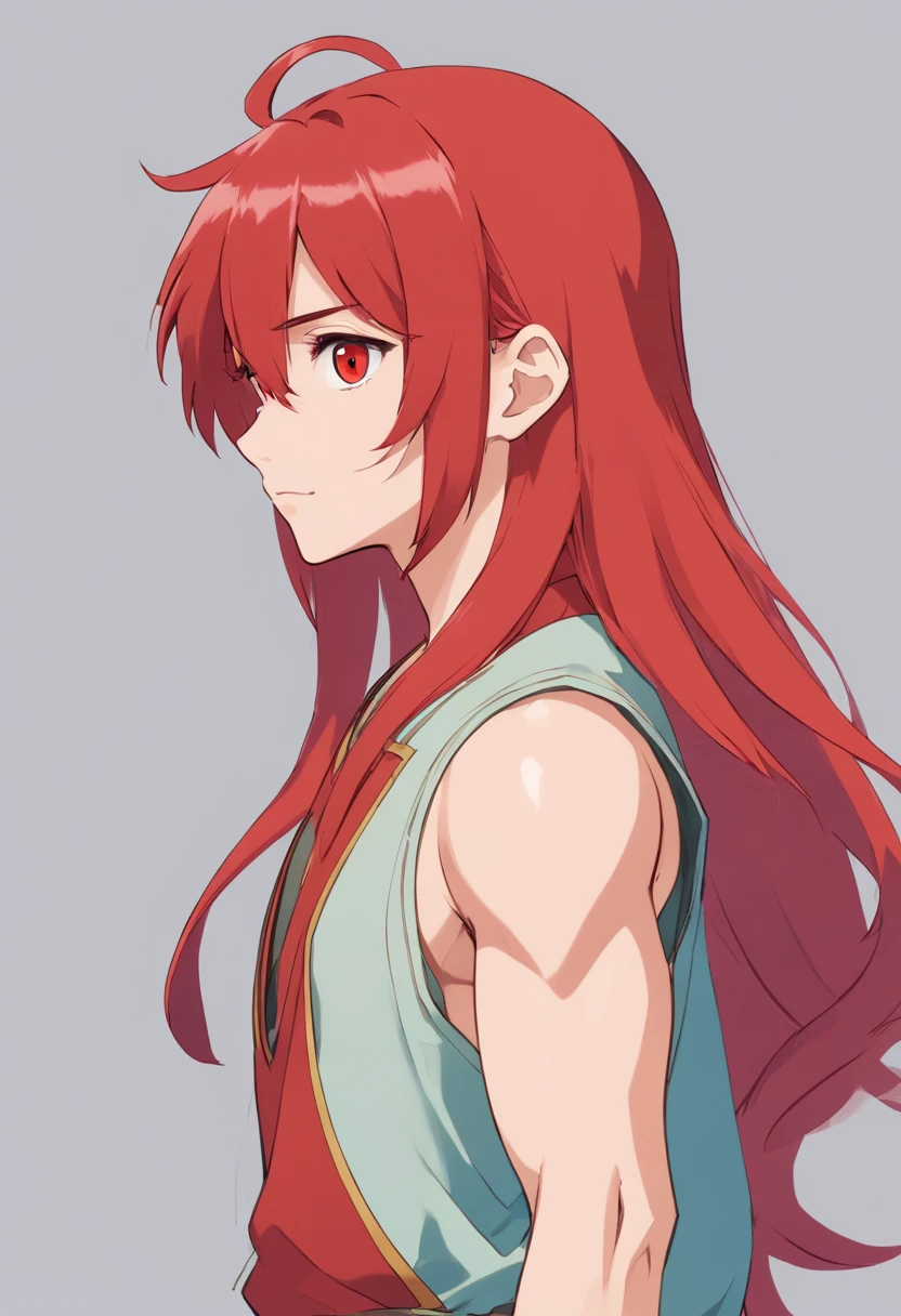 1boy, single, asian boy, reference sheet, character design, front angle, side angle, rear angle, dynamic poses, (masterpiece:1.2), (best quality:1.3), fantasy outfit, muscle body, athletic body. (Red eyes), (long hair), (long bangs), (red hair), (pale skin), (reference sheet:1.5), full body, muscle perfect body