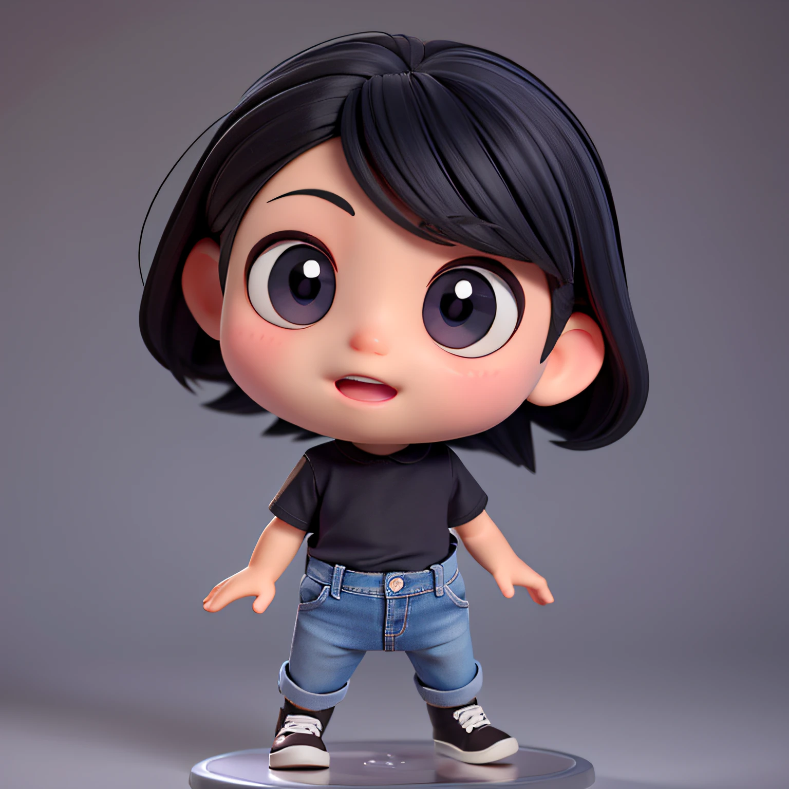 Chibi, a cartoon baby with a black shirt and jeans;