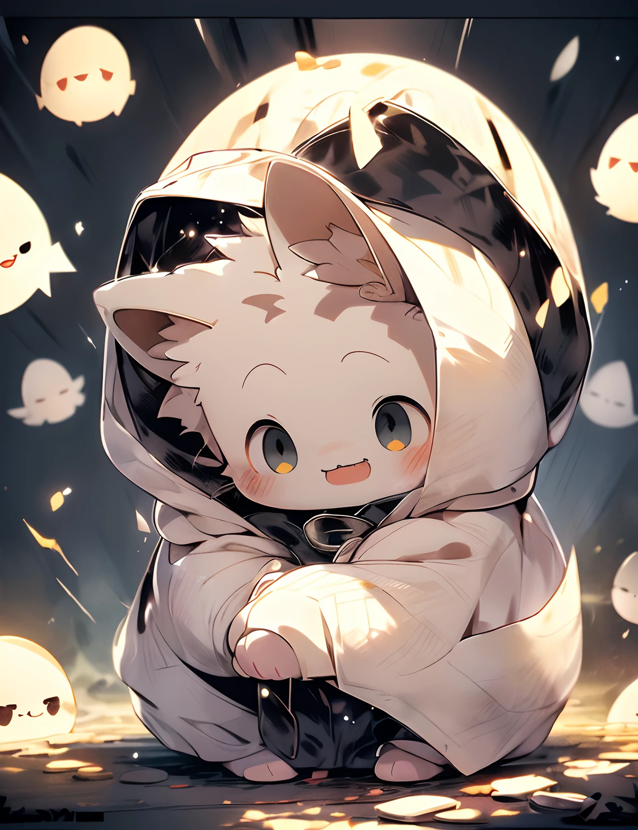 1cat, white cloak, smiling, ((glowing cat)brown eyes, hood up, no pupils, chibi, ghost, long sleeves, happy, cute, adorable