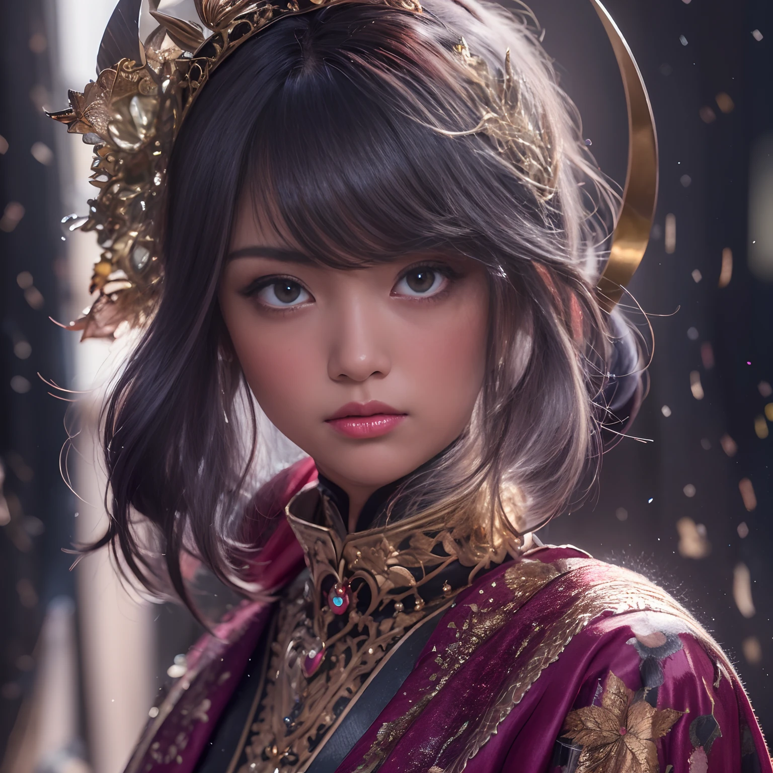 32K(tmasterpiece,K HD,hyper HD,32K)short burgundy hair,Gold jewelry area in the back room,Flame Girl ,Yaolan Protector (realisticlying:1.4),Python print robe,Purple Pink Tiara,Dancing snowflakes,The background is pure,Raise your head high,Be proud,Nostrils see a person, hight resolution, detaileds, RAW photogr, Sharp Re, 「Nikon D850 Film」Stock photo of Jeffries Lee 4 Kodak Portra 400 Camera F1.6 shots, Rich colors, Ultra-realistic vivid textures, Dramatic Lighting, Unreal Engine Art Station Trends, Synestil 800,Raise your head high,Be proud,Nostrils see a person,short burgundy hair