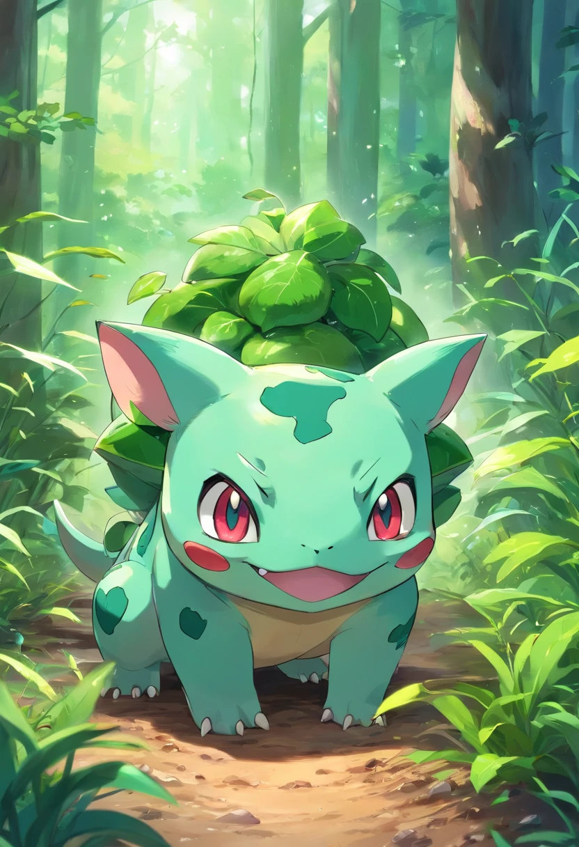 Bulbasaur Pokémon with large legs that could dig up a good amount of soil that could be used to make mud cakes, En medio del bosque, Green coloration of the landscape.