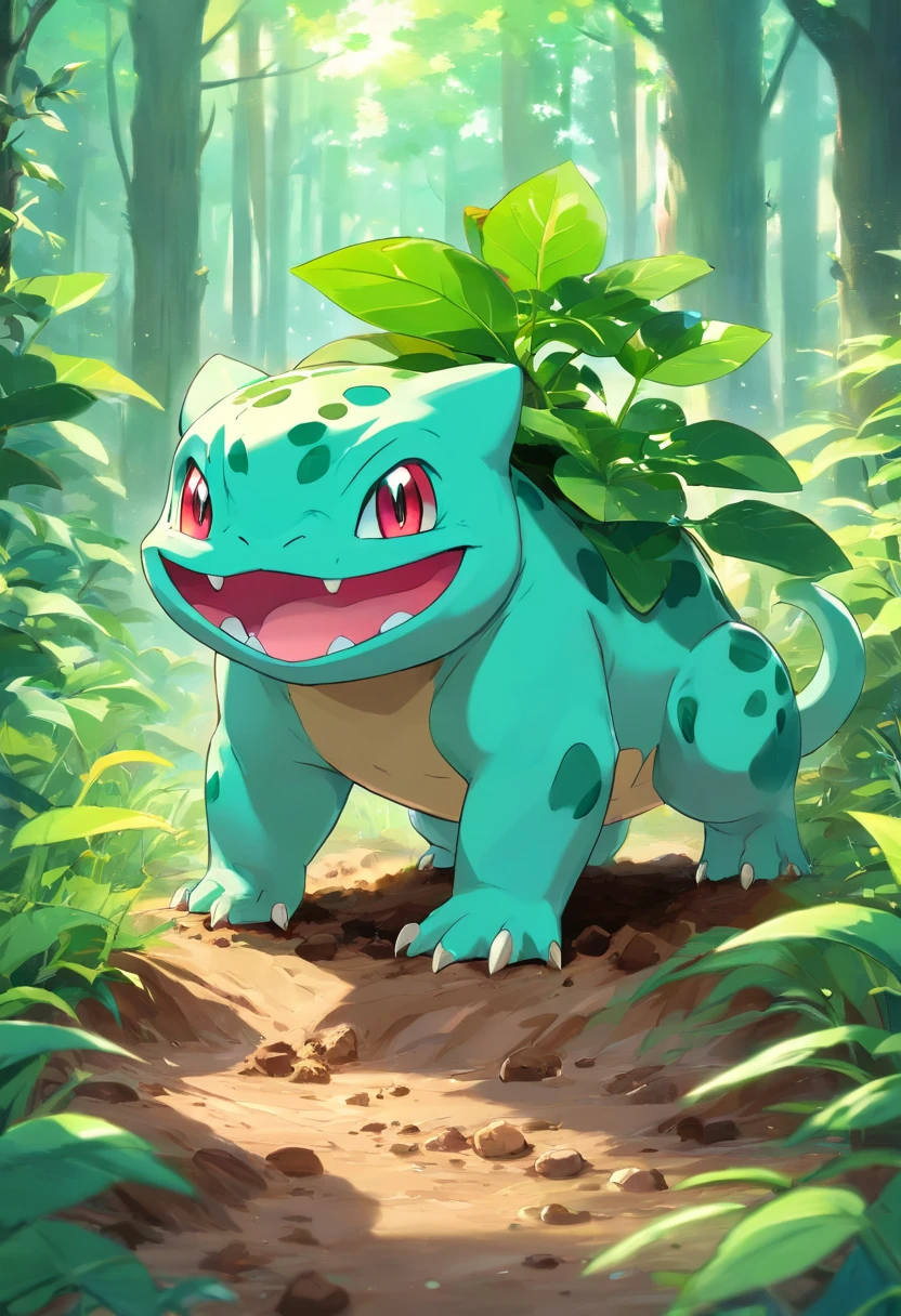 Bulbasaur Pokémon with large legs that could dig up a good amount of soil that could be used to make mud cakes, En medio del bosque, Green coloration of the landscape.