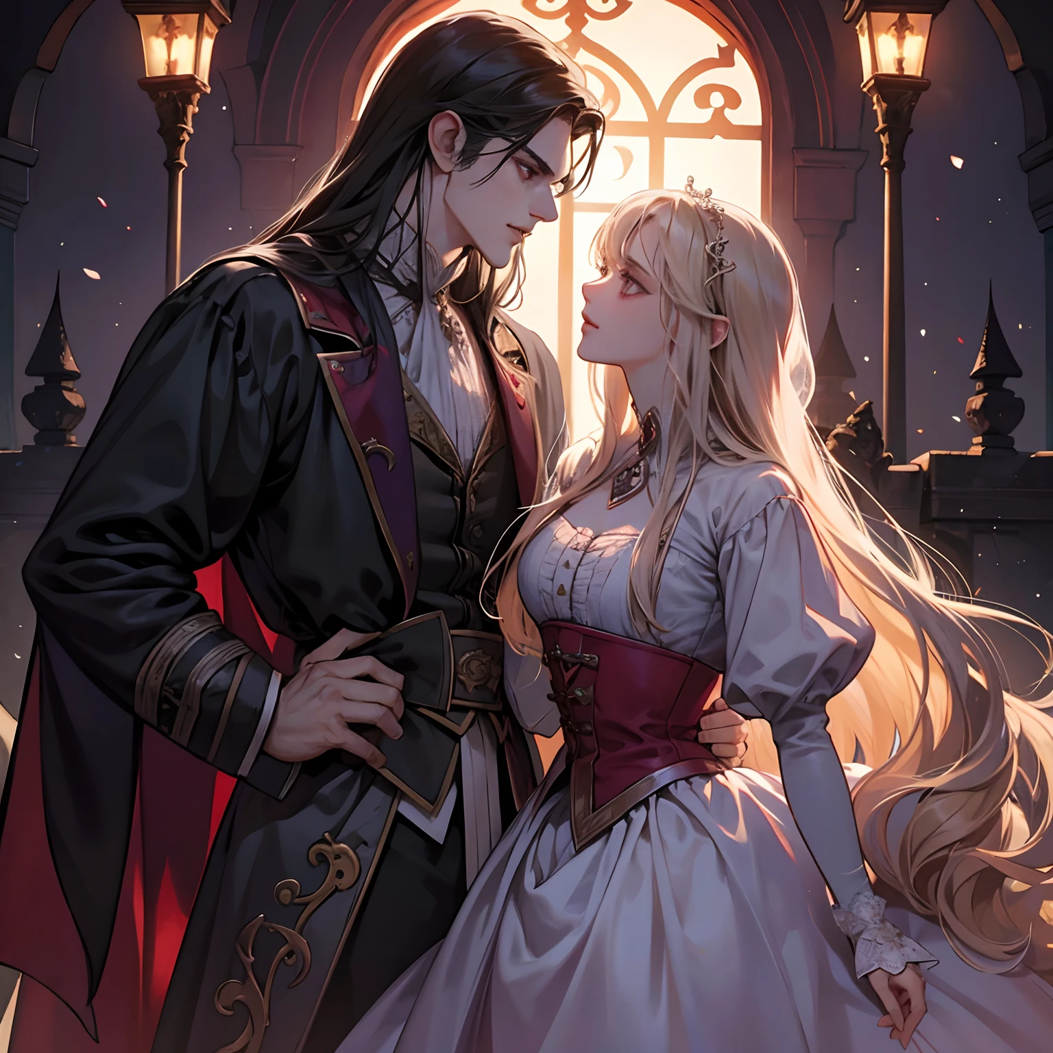 Castlevania Lord of the shadows hyper realistic super detailed Dynamic shot love story between Dracula lord and Beautiful princesse Islamic very romantique scènes