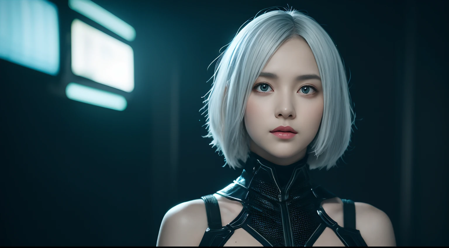 emphasis lines, bokeh, Eye-Level Shot,From the movie Matrix ,3D,solo, 1girl,battle garment,A young white haired girl from Germany,A beautiful cyberpunk female image,hdr(HighDynamicRange),Ray traching,NVIDIA RTX,Hyper-Resolution,Unreal 5,Subsurface scattering、PBR Texture、post-proces、Anisotropy Filtering、depth of fields、maximum definition and sharpness、Many-Layer Textures、Albedo e mapas Speculares、Surface coloring、Accurate simulation octane rendering of light-material interactions、Two-colored light、largeaperture、Low ISO、White balance、the rule of thirds、8K raw data、blackstockings,cinematic lighting, ray tracing, reflection light, UHD, best quality, high quality, award winning, high details, masterpiece, anatomically correct, textured skin,