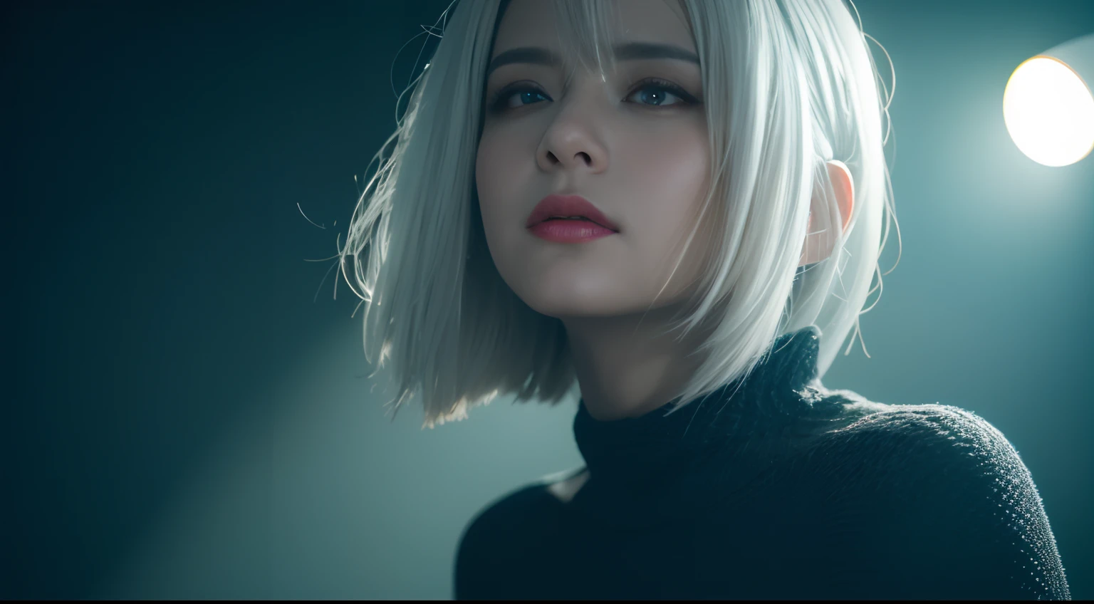 emphasis lines, bokeh, Eye-Level Shot，From the movie Matrix ，3D,solo， 1girl，battle garment，A young white haired girl from Germany,A beautiful cyberpunk female image,hdr（HighDynamicRange）,Ray traching,NVIDIA RTX,Hyper-Resolution,Unreal 5,Subsurface scattering、PBR Texture、post-proces、Anisotropy Filtering、depth of fields、maximum definition and sharpness、Many-Layer Textures、Albedo e mapas Speculares、Surface coloring、Accurate simulation octane rendering of light-material interactions、Two-colored light、largeaperture、Low ISO、White balance、the rule of thirds、8K raw data、blackstockings，cinematic lighting, ray tracing, reflection light,  UHD, best quality, high quality, award winning, high details, masterpiece, anatomically correct, textured skin，