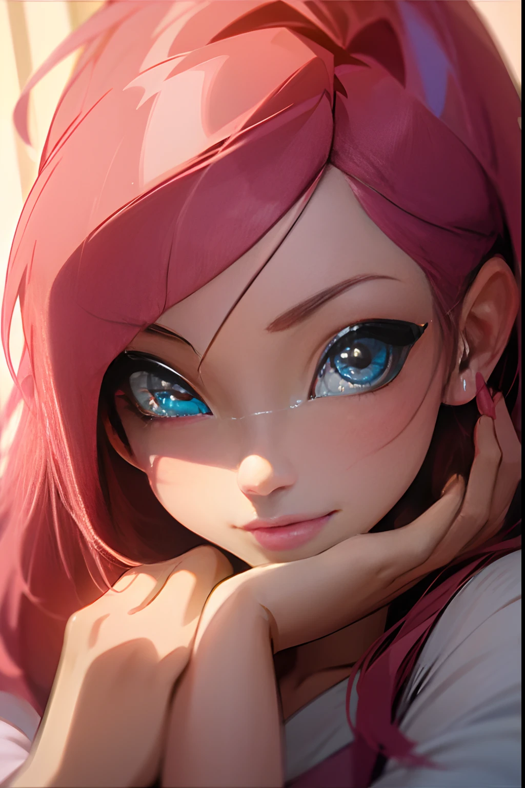 beautiful, best quality, highest resolution, beautiful young woman, tucking hair behind ear, cute pose, smile looking at viewer, stunning detailed eyes, soft  lips, detailed face, long eyelashes, soft lighting, anime