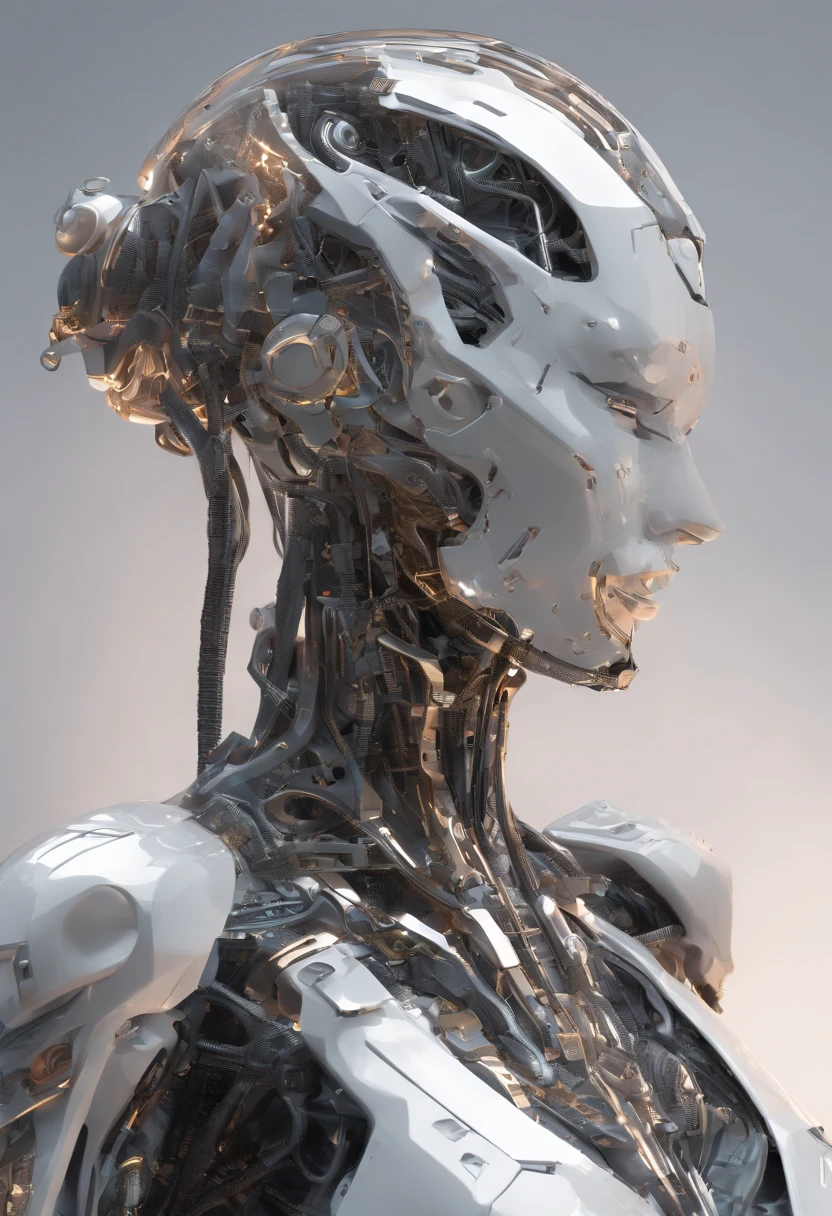 Intricate 3d render, detailed beautiful silhouette female robot, robot parts, beautiful studio soft light, rim light, body full of details, luxurious cyberpunk, lace: 1.1, upper body translucent, surreal, anatomy, Facial Muscles, Rendered, HR Giger Style, 8k, Best Quality, Masterpiece, Illustration, Extremely Delicate and Beautiful, Extremely Detailed,CG, Wallpaper, (Realistic, Fidelity:1.5), Stunning, Fine Details, Masterpiece, Best quality, highly detailed CG unity 8k wallpaper, ridiculous, full body