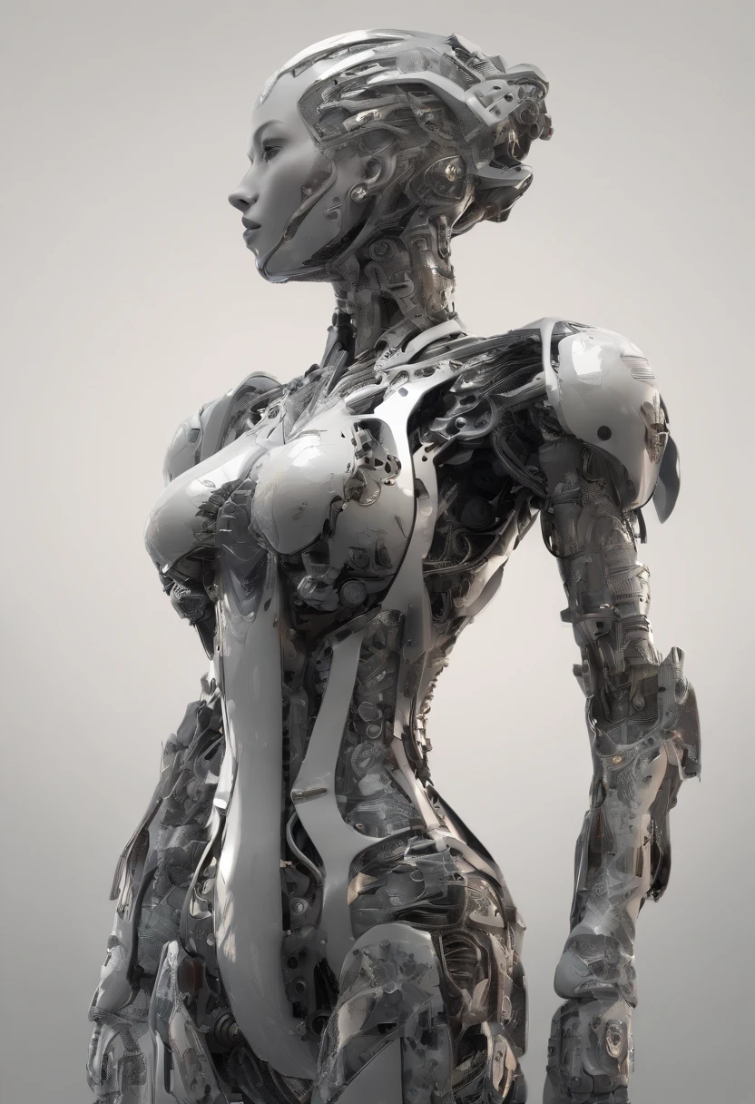 Intricate 3d render, detailed beautiful silhouette female robot, robot parts, beautiful studio soft light, rim light, body full of details, luxurious cyberpunk, lace: 1.1, upper body translucent, surreal, anatomy, Facial Muscles, Rendered, HR Giger Style, 8k, Best Quality, Masterpiece, Illustration, Extremely Delicate and Beautiful, Extremely Detailed,CG, Wallpaper, (Realistic, Fidelity:1.5), Stunning, Fine Details, Masterpiece, Best quality, highly detailed CG unity 8k wallpaper, ridiculous, full body