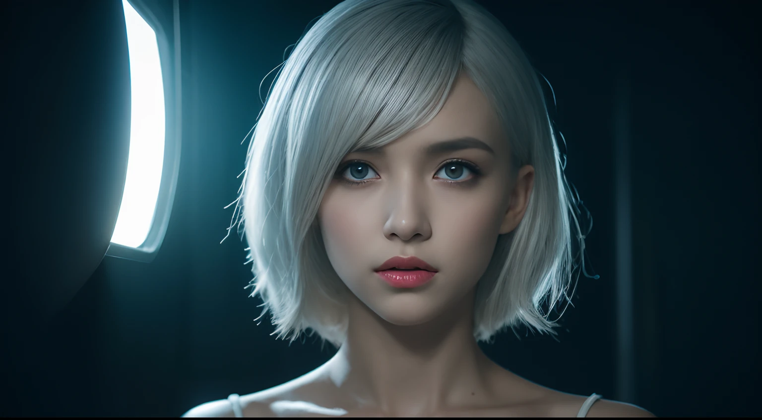 emphasis lines, bokeh, Eye-Level Shot,From the movie Matrix ,3D,solo, 1girl,battle garment,A young white haired girl from Germany,A beautiful cyberpunk female image,hdr(HighDynamicRange),Ray traching,NVIDIA RTX,Hyper-Resolution,Unreal 5,Subsurface scattering、PBR Texture、post-proces、Anisotropy Filtering、depth of fields、maximum definition and sharpness、Many-Layer Textures、Albedo e mapas Speculares、Surface coloring、Accurate simulation octane rendering of light-material interactions、Two-colored light、largeaperture、Low ISO、White balance、the rule of thirds、8K raw data、blackstockings,cinematic lighting, ray tracing, reflection light, UHD, best quality, high quality, award winning, high details, masterpiece, anatomically correct, textured skin,