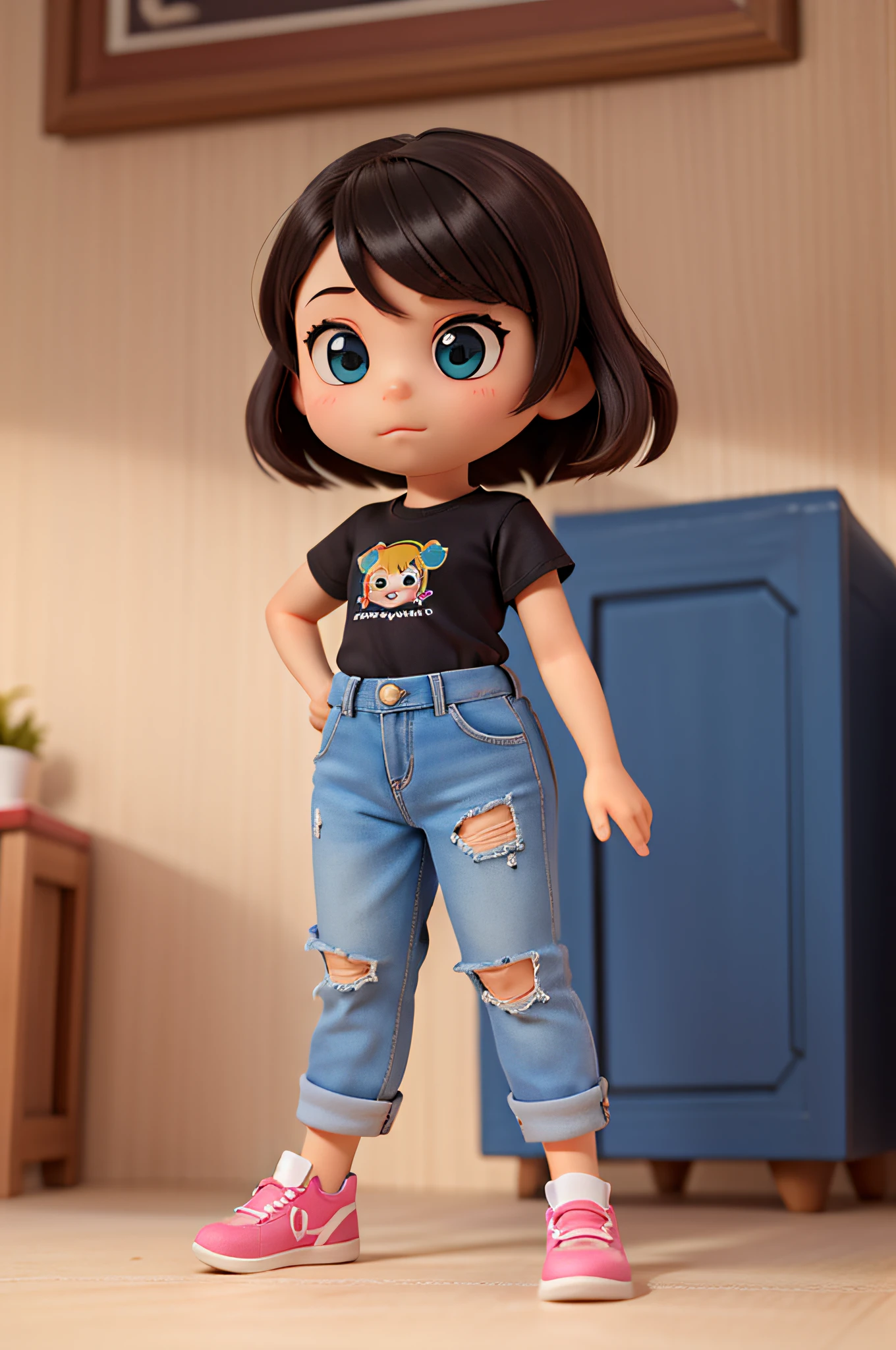 A photo of a girl standing with black hair, orange shirt, blue jeans and red shoes, anime style, very high detailing, natural lighting, HDR, 8K