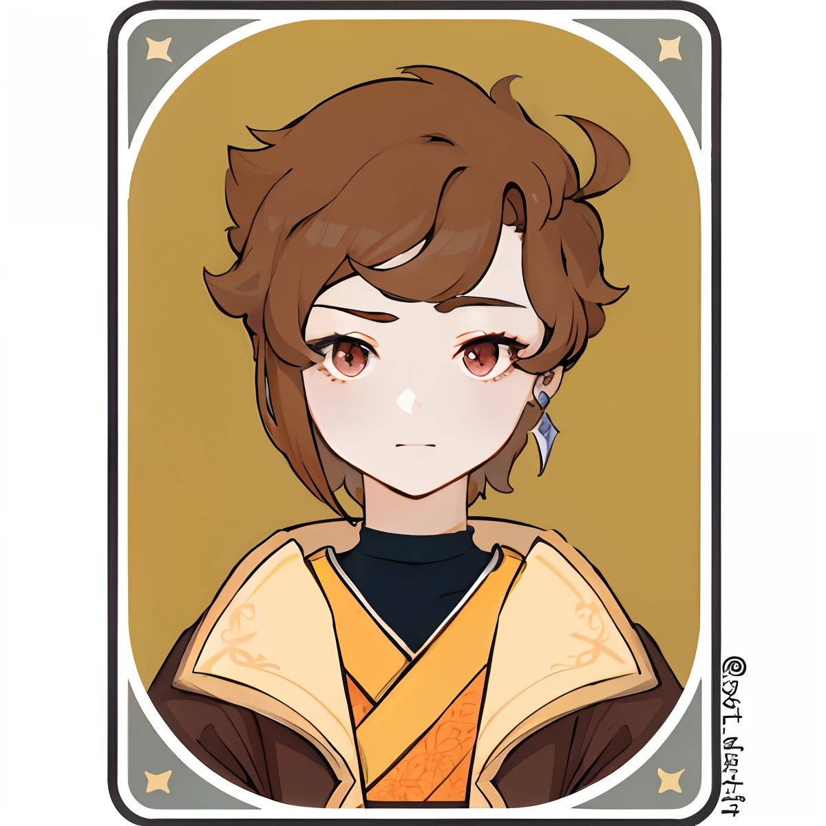 uma imagem dos desenhos animados de uma menina com cabelo castanho e olhos vermelhos, Keqing de Genshin Impact, inspirado por Yang Jin, symmetrical portrait rpg avatar, retrato headshot do personagem, inspirado em Yang J, Taliyah, dnd avatar retrato de halfling, Beautiful androgynous prince, um retrato de personagem, retrato de personagem de anime, inspired by Sakai Hōitsu