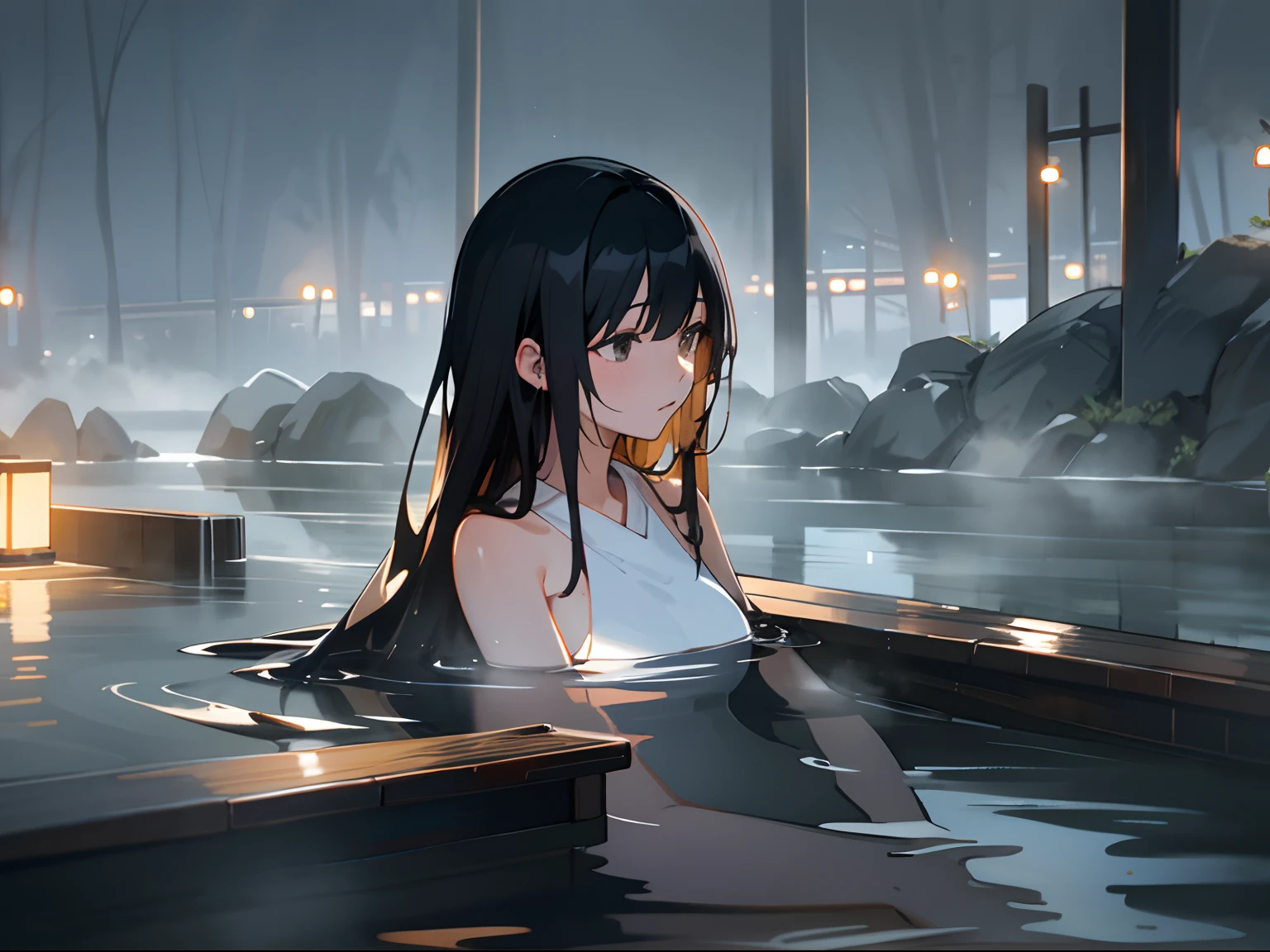 Pretty girl、Entering the open-air bath、Black hair long hair、Black eyes、hot onsen, water vapour, Night (Illustration: 1.0), epic composition, Realistic lighting, HD details, masutepiece, Best Quality, (extremely detailed CG unified 8k wallpaper)