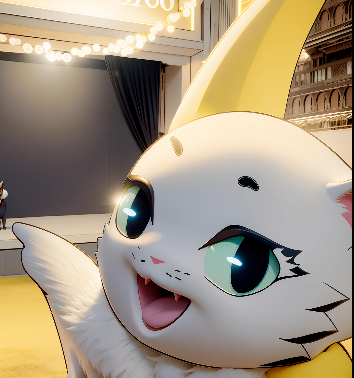 anime character with yellow eyes and big ears waving in front of a stage, anime visual of a cute cat, white fox anime, anime cat, a moogle in the legend of korra, anime catgirl, in the anime film, glamorous angewoman digimon, neferpitou, today's featured anime still, animated film still, screenshot from the anime film