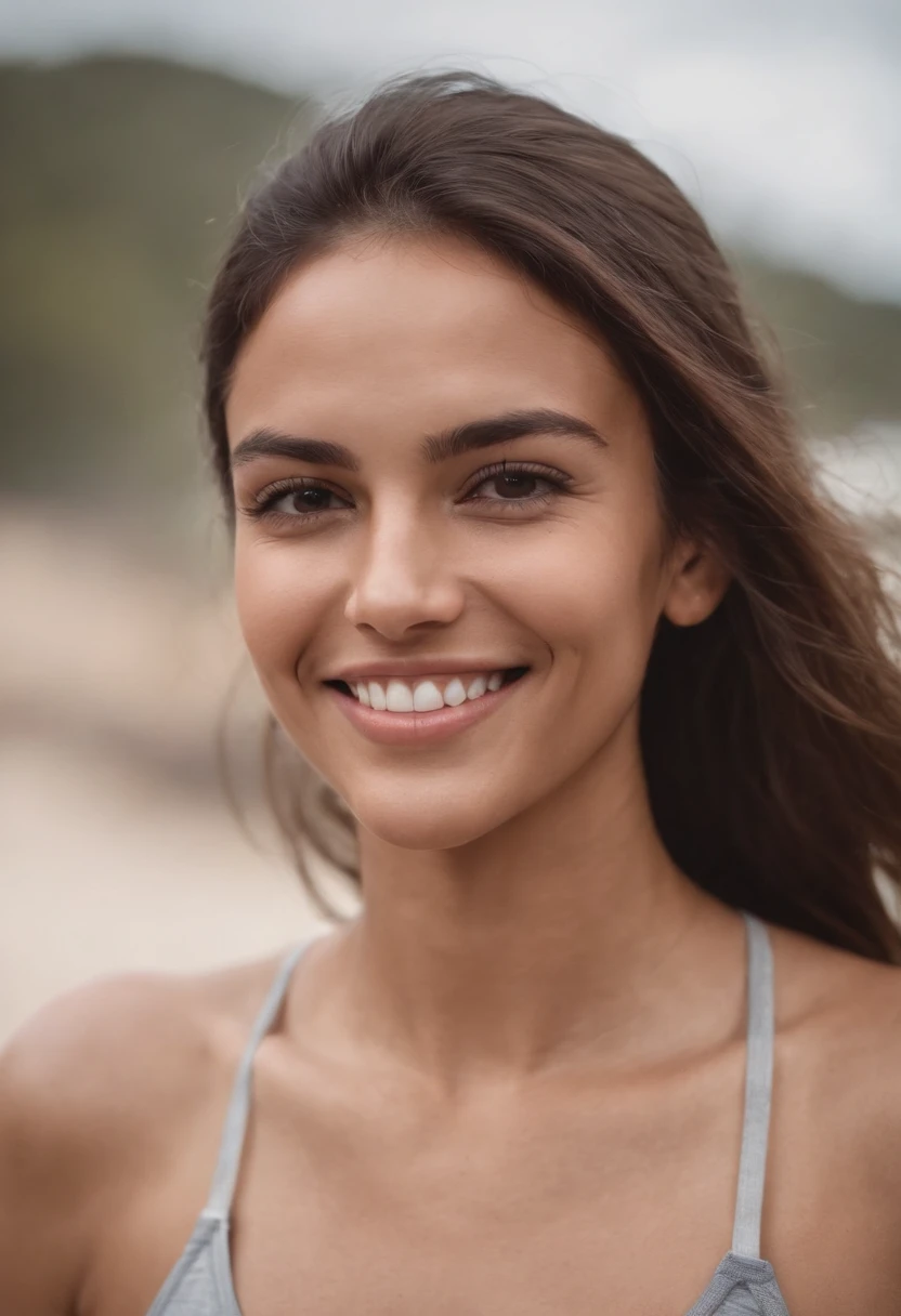 I want a picture of a smiling Brazilian woman, who has a truly humanized body, for an Instagram profile with sportswear from Brazil