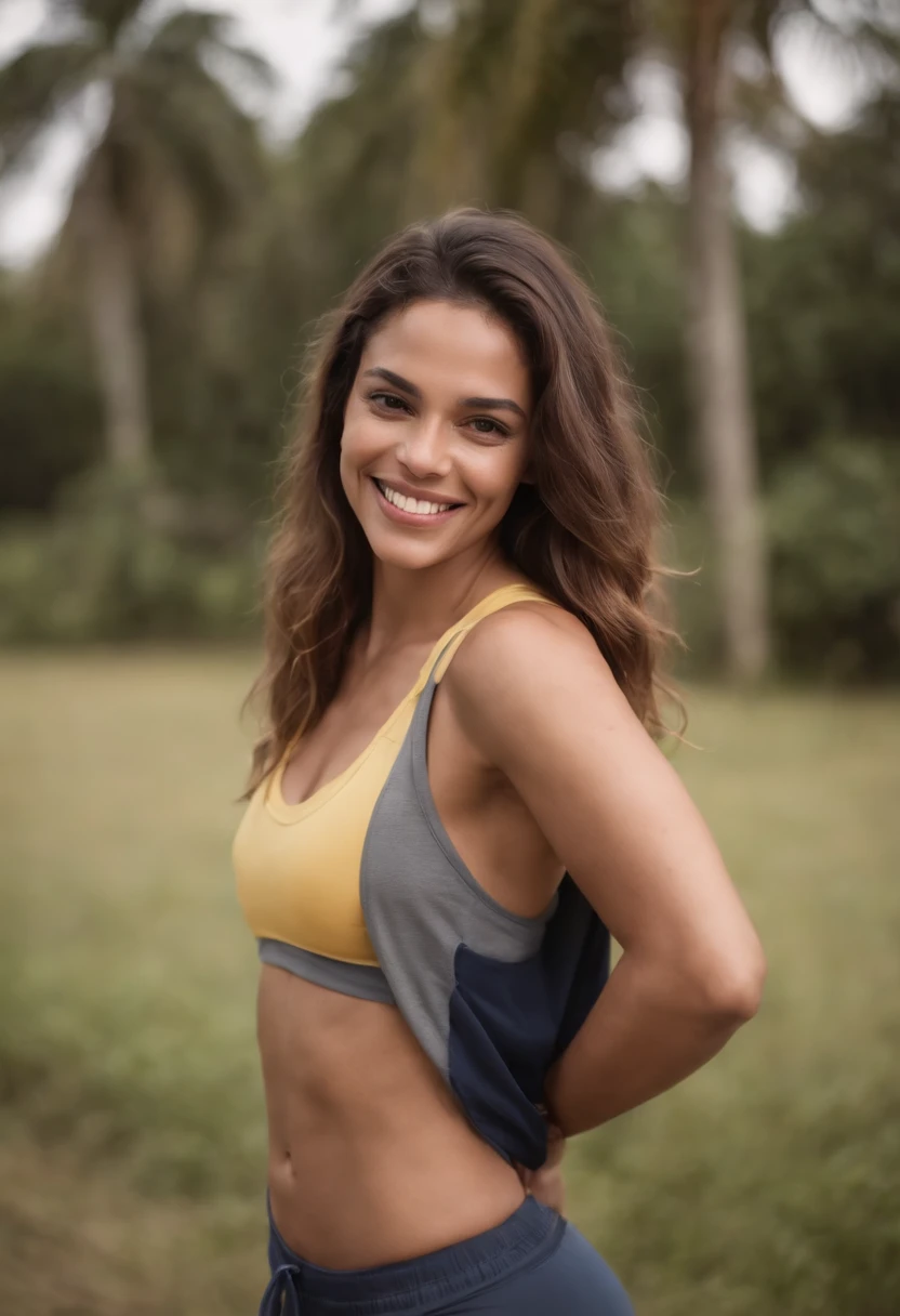 I want a picture of a smiling Brazilian woman, who has a truly humanized body, for an Instagram profile with sportswear from Brazil