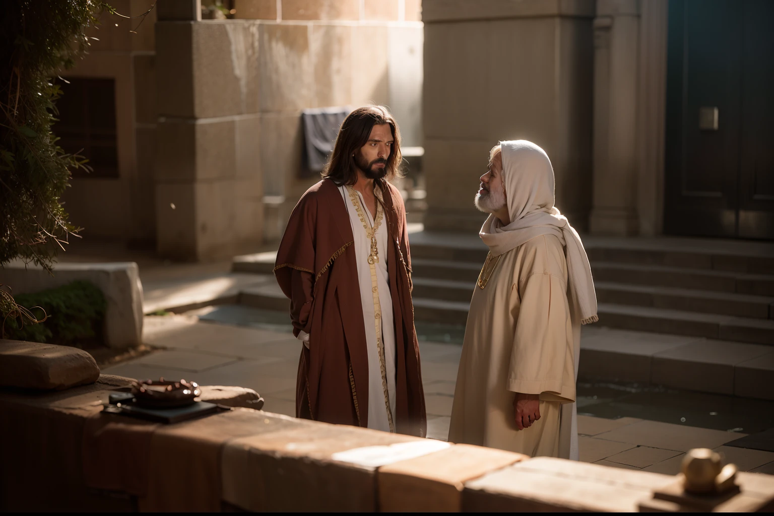 Jesus and a woman in robes are in a courtyard, Nicodemos, vestindo vestes marrons, Inside the tomb of Jesus, Vestido como Jesus Cristo, wearing flowing robes, biblical clothing, bela cena, Directed by: Harold von Schmidt, Directed by: Bernard Meninsky, A cena mais bonita, jesus of nazareth, Tron legado Jesus Cristo, fim ainda, Pedro, Directed by: Scott M. Fischer