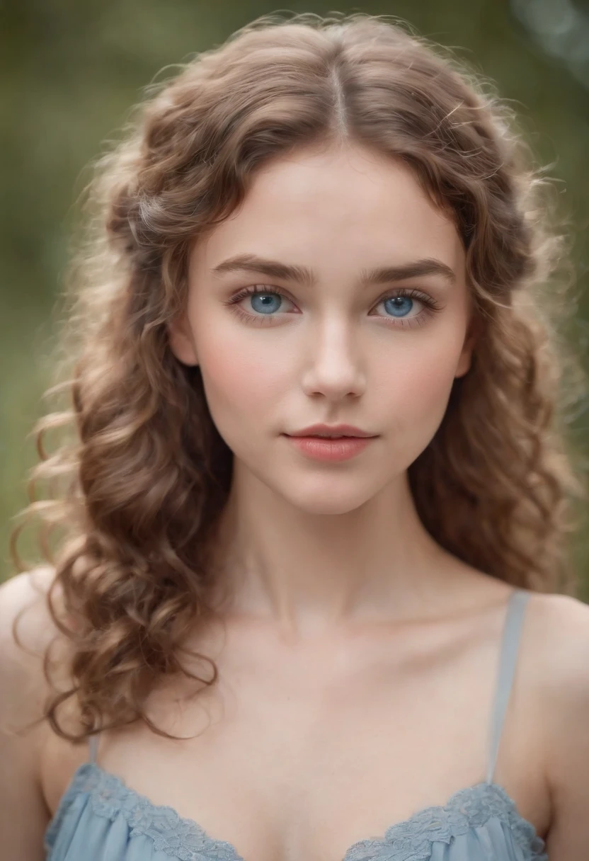 "Full body portrait of a charming girl with curly hair, petite figure, beautiful face, captivating blue eyes, and modest bust size, showcasing her natural beauty."