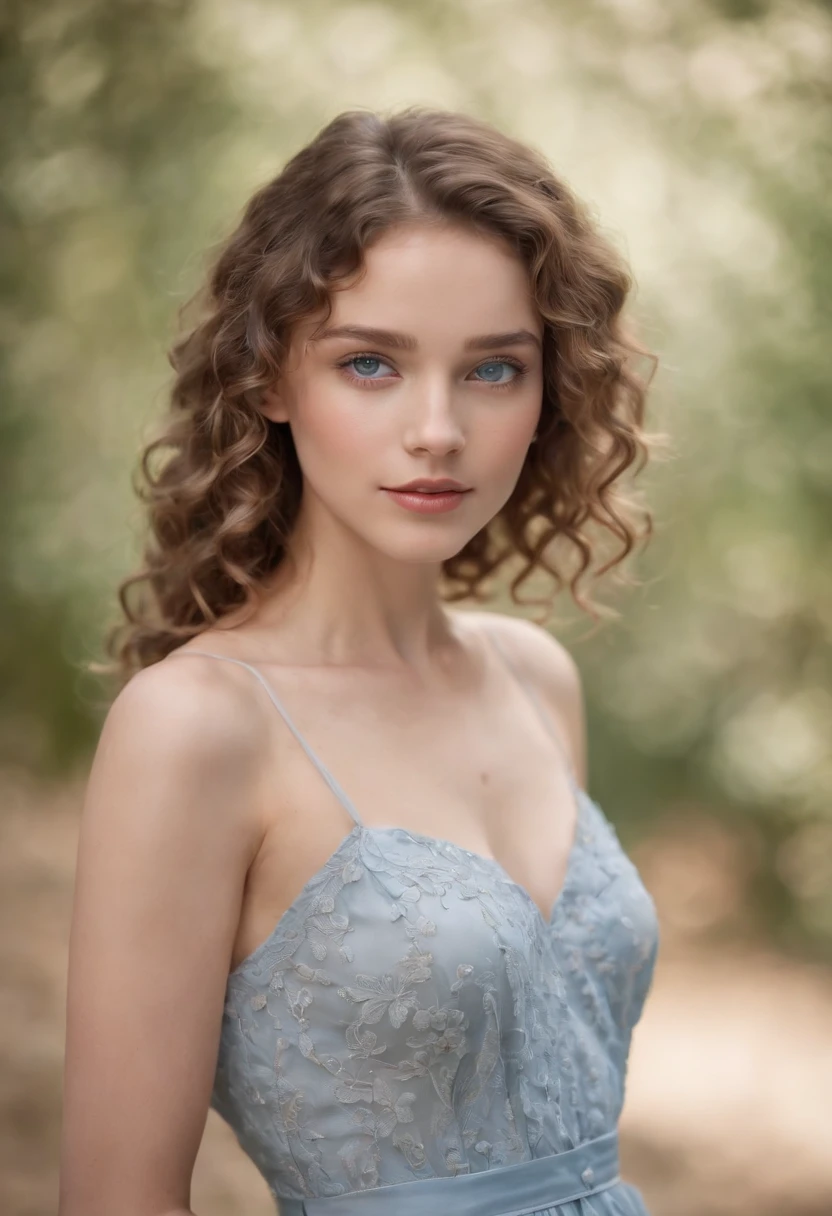 "Full body portrait of a charming girl with curly hair, petite figure, beautiful face, captivating blue eyes, and modest large bust size, showcasing her natural beauty."