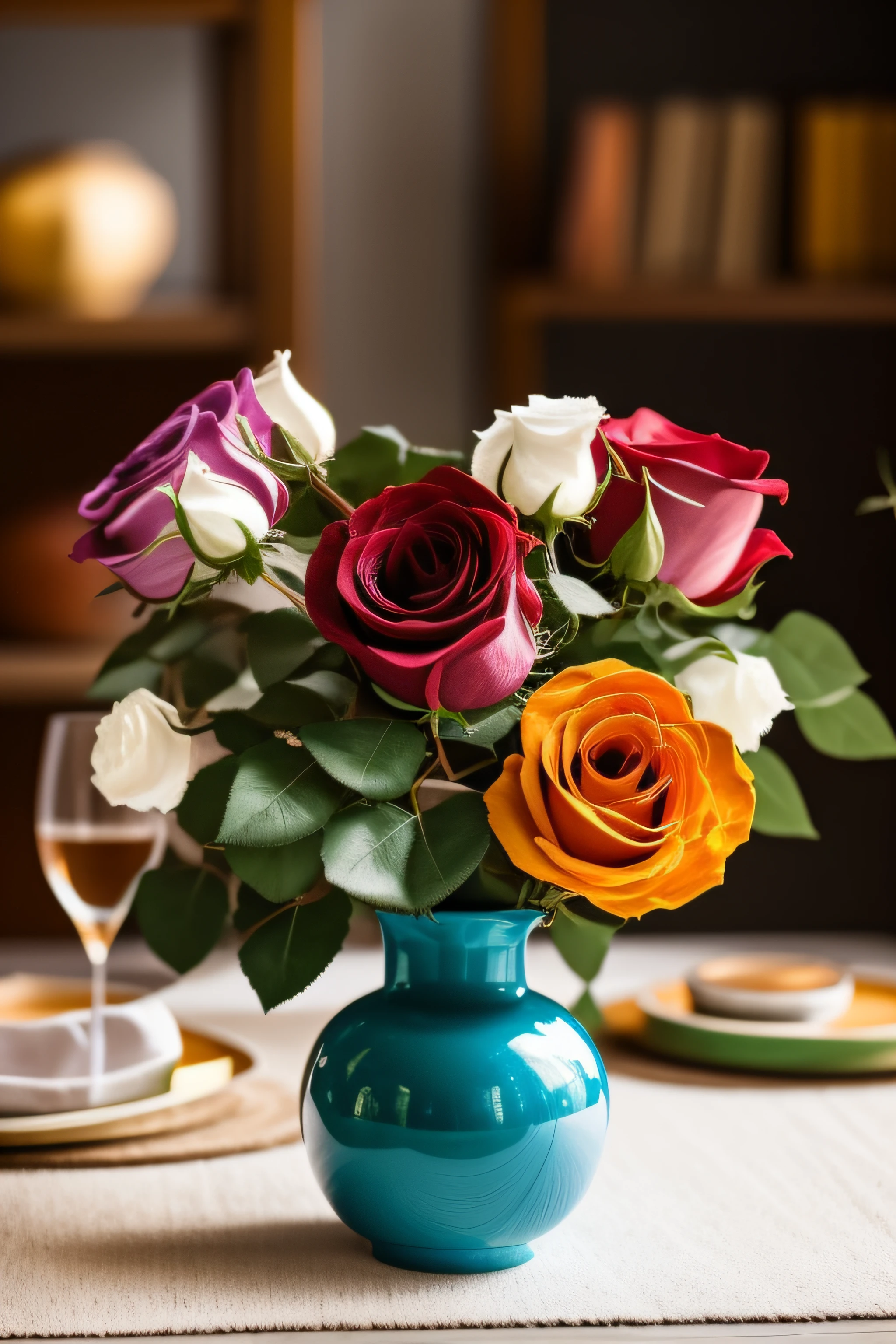 Roses flower vessel of various colors on the table, ultra realistic