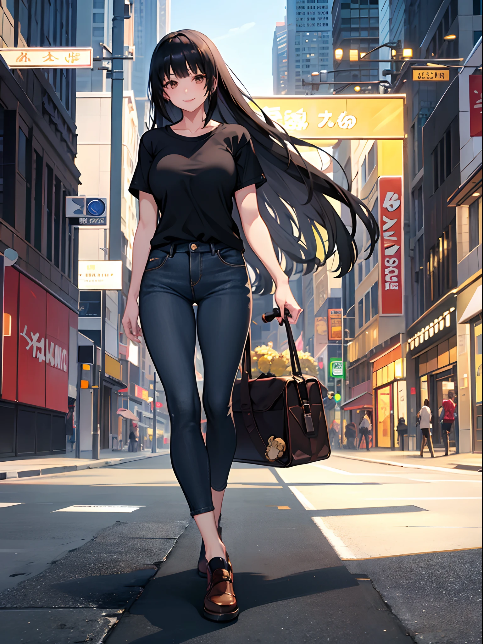 1girl, long black hair, bangs, brown eyes, wearing plain short sleeve black shirt, smiling, jeans, city, high res, ultrasharp, 8K, masterpiece, looking at viewer