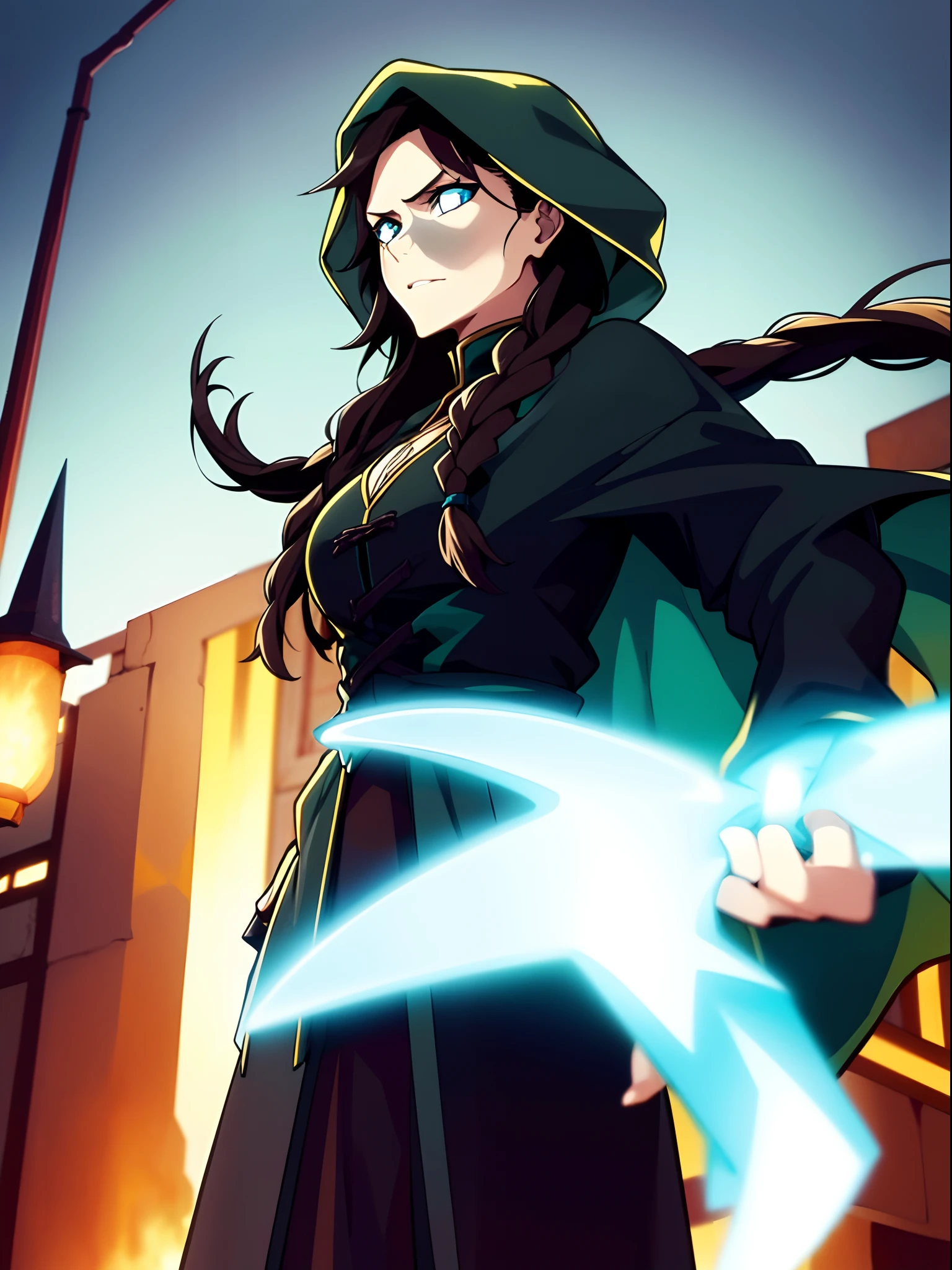 Young attractive woman, long dark hair, brown hair, braided hair, turquoise eyes, sorcerer, dark clothes, dark black cloak, magic, medival style, confident