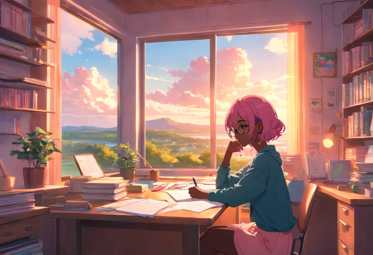 Lia a girl with pink hair, (dark skin), curly hair, studying in her peach pastel room, cozy study desk, glasses, large window overlooking beautiful nature scenery, (staring at the scenery), floral notebooks