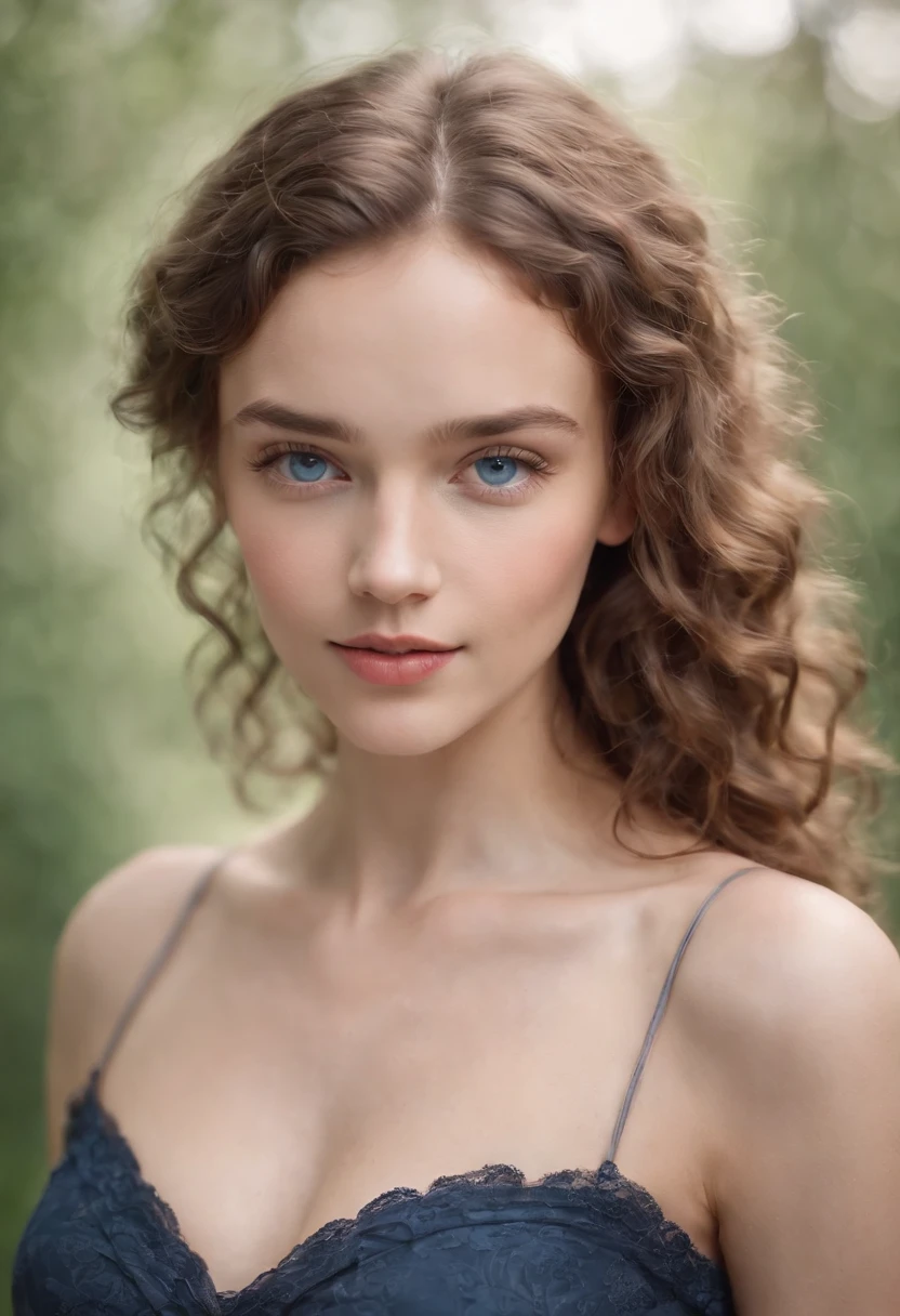 "Full body portrait of a charming girl with curly hair, petite figure, beautiful face, captivating blue eyes, and modest bust size, showcasing her natural beauty."