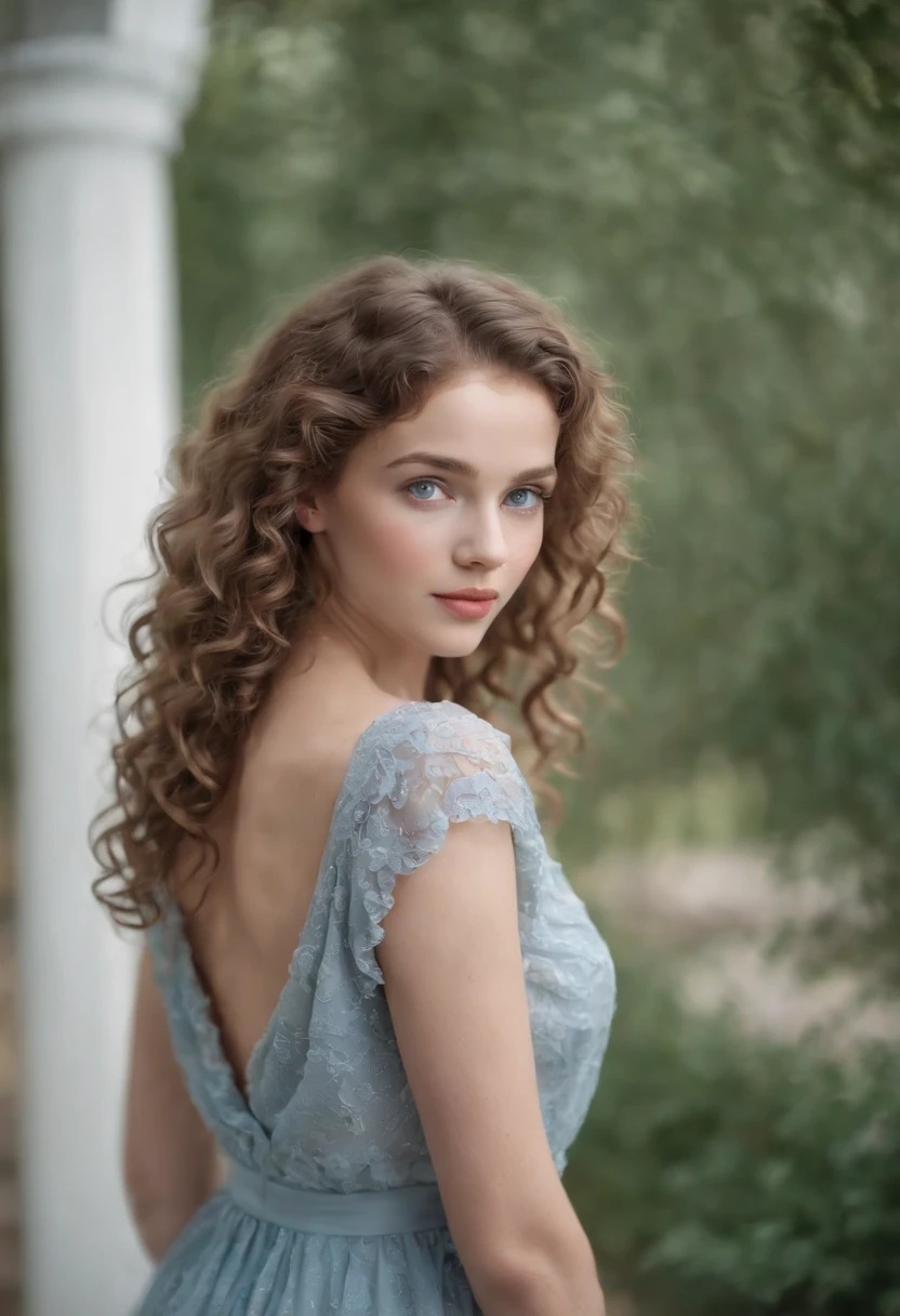 "Full body portrait of a charming girl with curly hair, petite figure, beautiful face, captivating blue eyes, and modest bust size, showcasing her natural beauty."
