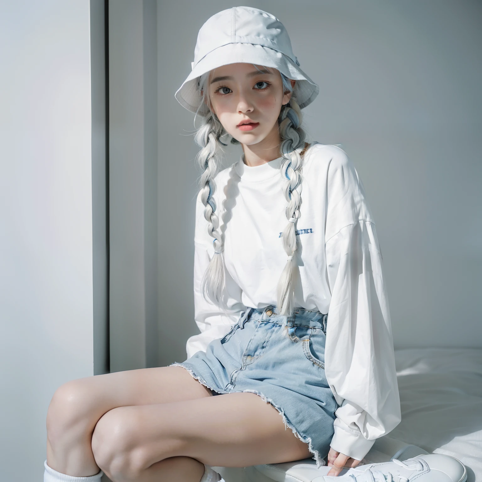 1人の女性、White bucket hat、White hair、Thin two braids、small light blue ribbon with braids,,、Long white T-shirt、Short skirt with white and light gray plaid pattern,、White knee-high socks、skinny  body、large lips、thick eyebrow、sexypose、long-sleeve、Black shoes、Sitting and posing