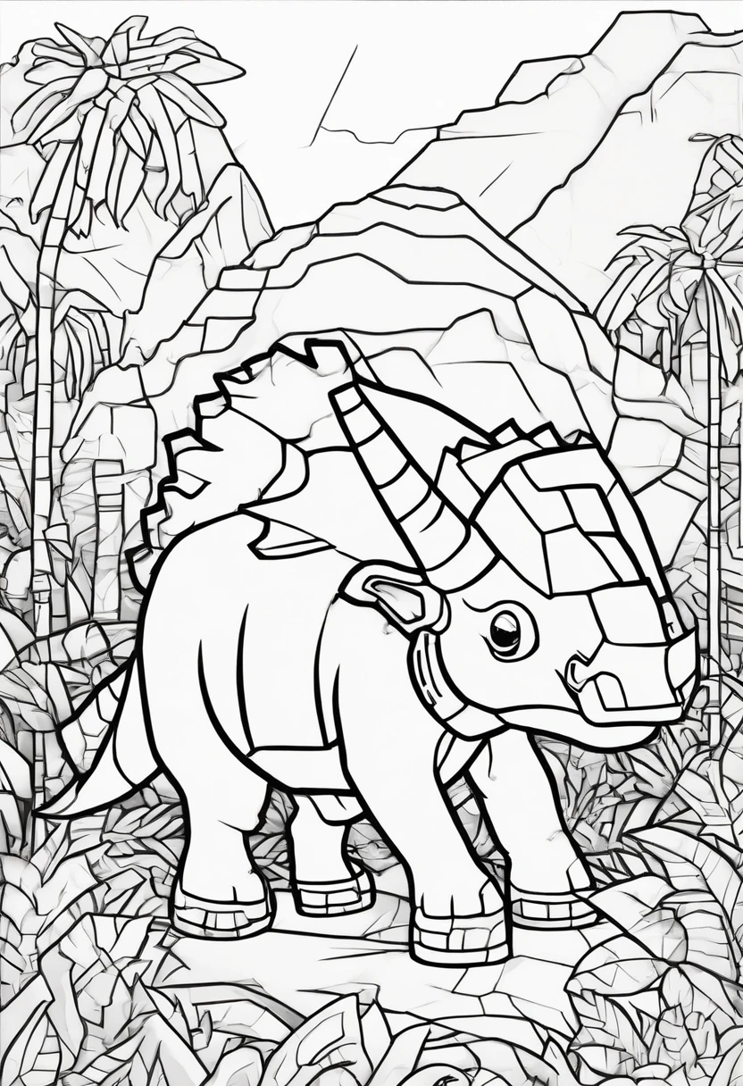 Coloring doodle for kids, triceratops in a jungle, Animated doodle style, heavy lines, Low detail, No shading: AR 9:11