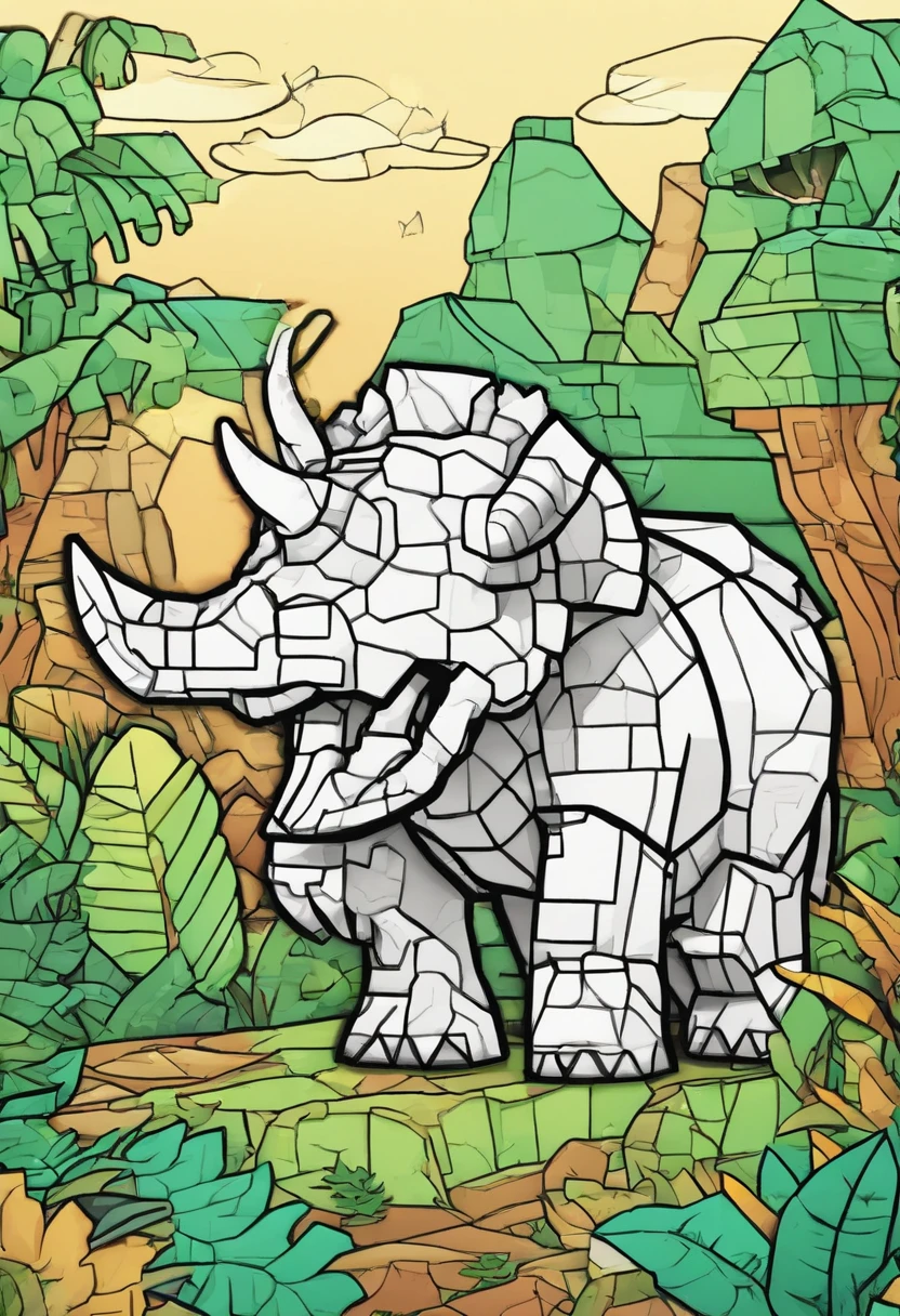 Coloring doodle for kids, triceratops in a jungle, Animated doodle style, heavy lines, Low detail, No shading: AR 9:11