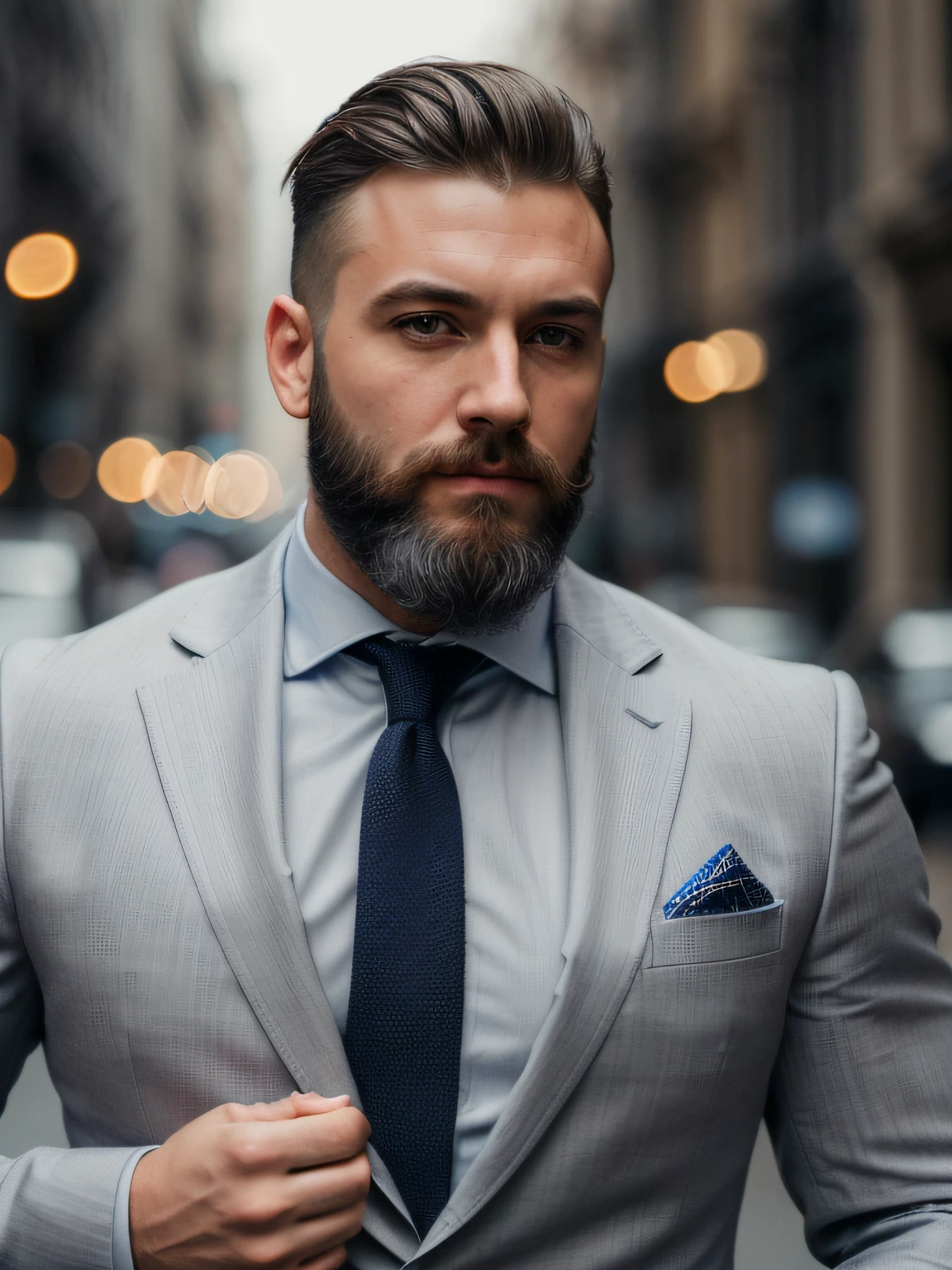 Portrait photo of muscular bearded guy in a suit, ((light bokeh)), intricate, (blue gray), elegant, sharp focus, photo by greg rutkowski, soft lighting, vibrant colors, masterpiece, ((streets)), detailed face