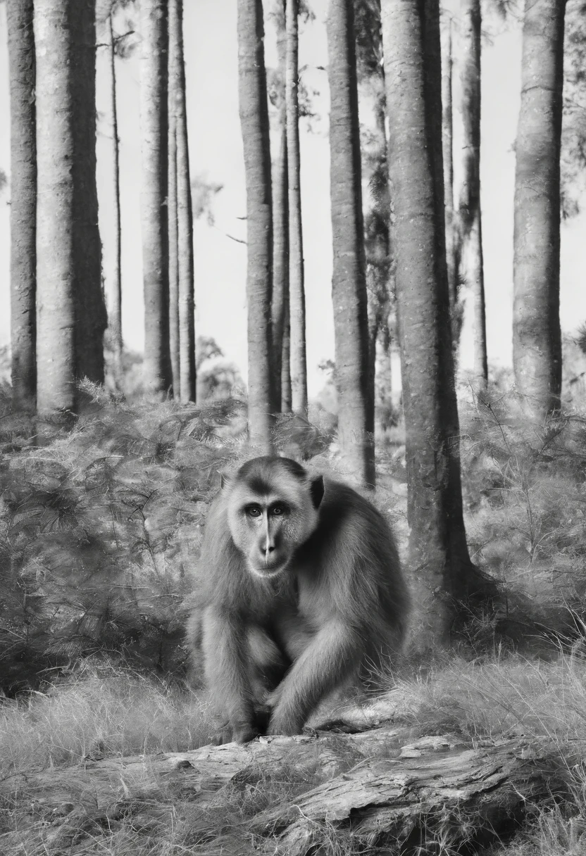 Livro para colorir de um macaco na floresta, estilo dos desenhos animados, preto e branco, linhas grossas, sem cor, fundo branco , strokes only