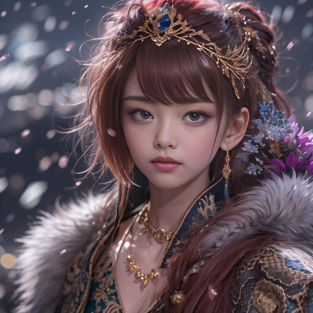 32K(tmasterpiece,k hd,hyper HD,32K)Short purple-pink flowing hair,Pond area,Flame Girl ,Yao Lang protector (realisticlying:1.4),Python pattern robe,Black gold tiara,Snowflakes fluttering,The background is pure,Hold your head high,Be proud,The nostrils look at people, A high resolution, the detail, RAW photogr, Sharp Re, Nikon D850 Film Stock Photo by Jefferies Lee 4 Kodak Portra 400 Camera F1.6 shots, Rich colors, ultra-realistic vivid textures, Dramatic lighting, Unreal Engine Art Station Trend, cinestir 800,Hold your head high,Be proud,The nostrils look at people,Short burgundy hair